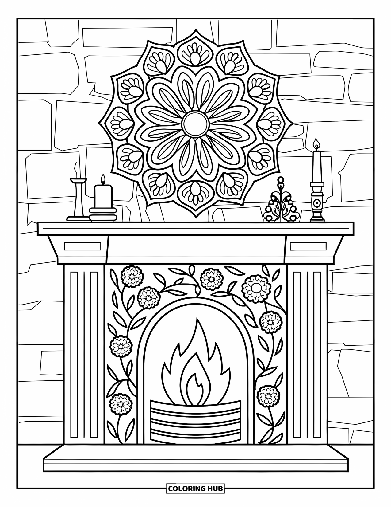Fire Coloring Page for Adults: A cozy fireplace sits under a floral mandala with candles, vase, and stone wall