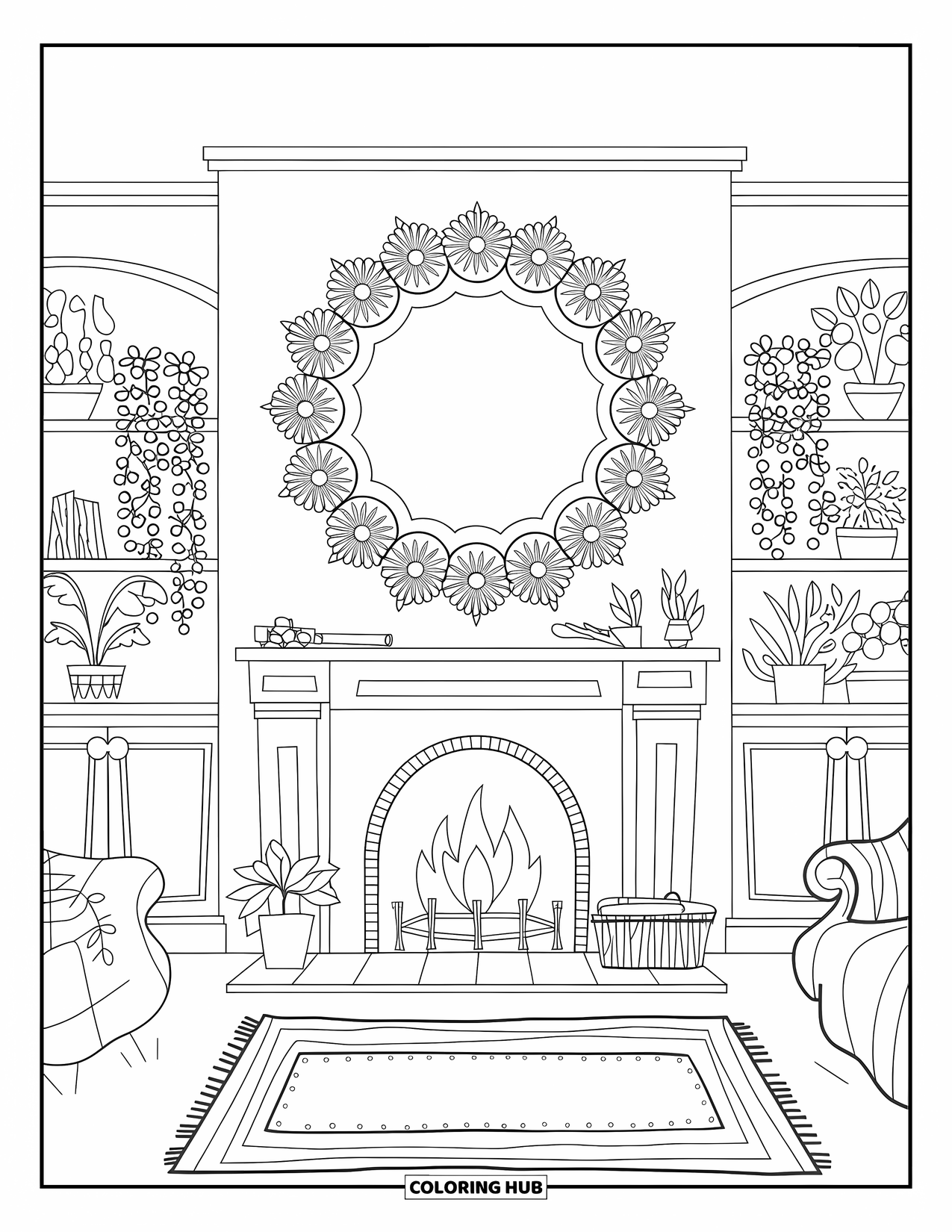 Fire Coloring Page for Adults: A cozy room features a fireplace framed by floral mandalas, shelves, and a rug