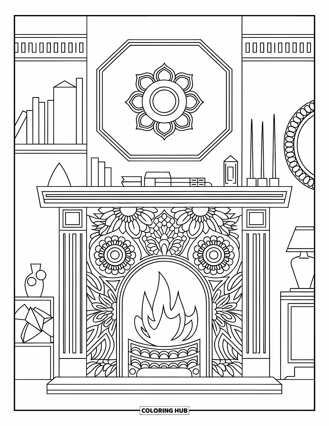 Fire Coloring Page for Adults: A fireplace with mantel and floral mandalas rests under bold outlines on white