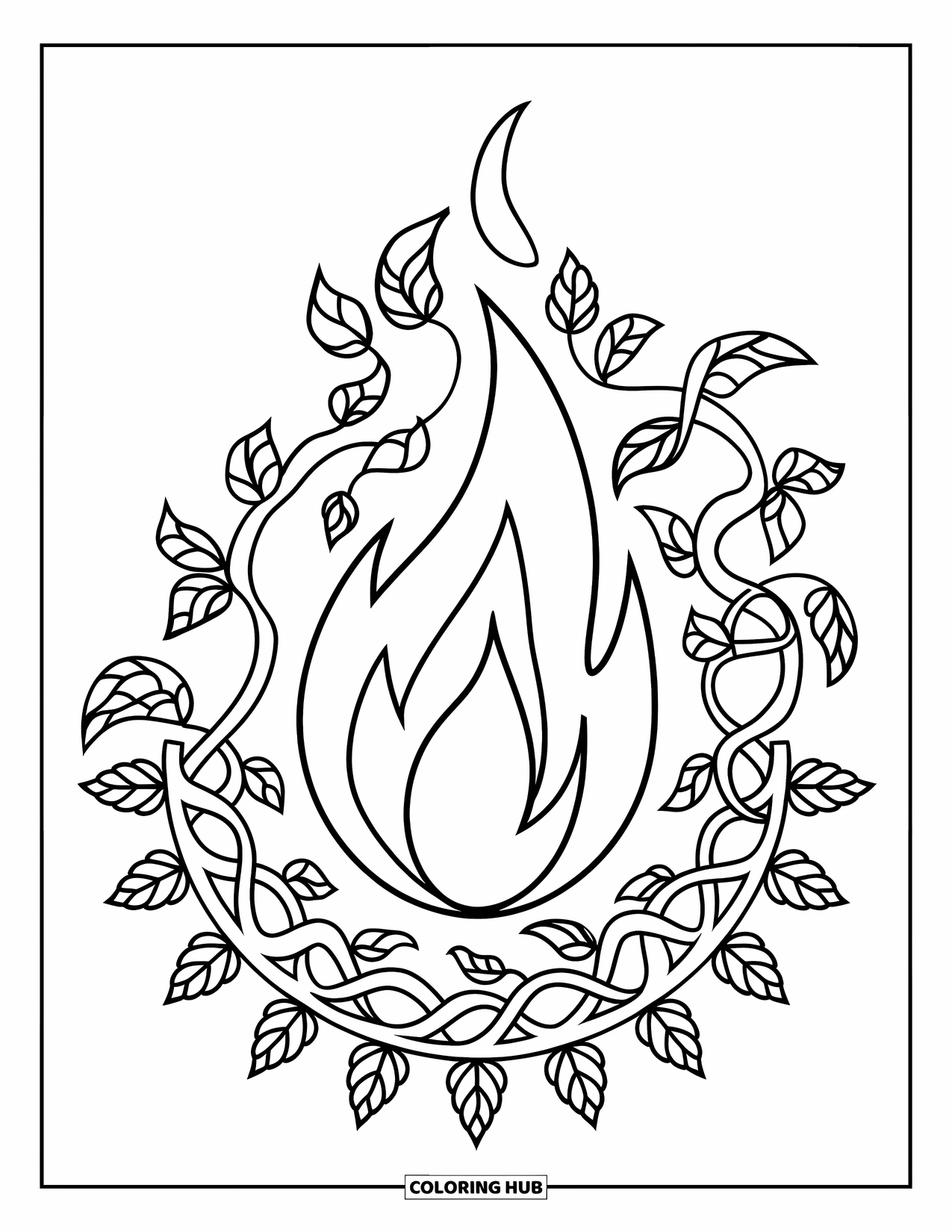 Fire Coloring Page for Adults: A flame with sharp curls glows inside a leafy, fluid mandala on white background