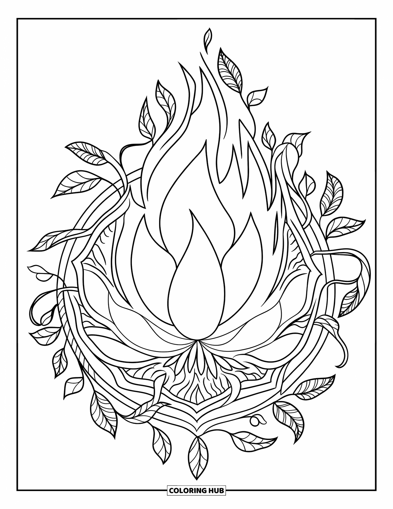 Fire Coloring Page for Adults: A large flame shaped like a lotus rests inside a mandala of leaves and vines