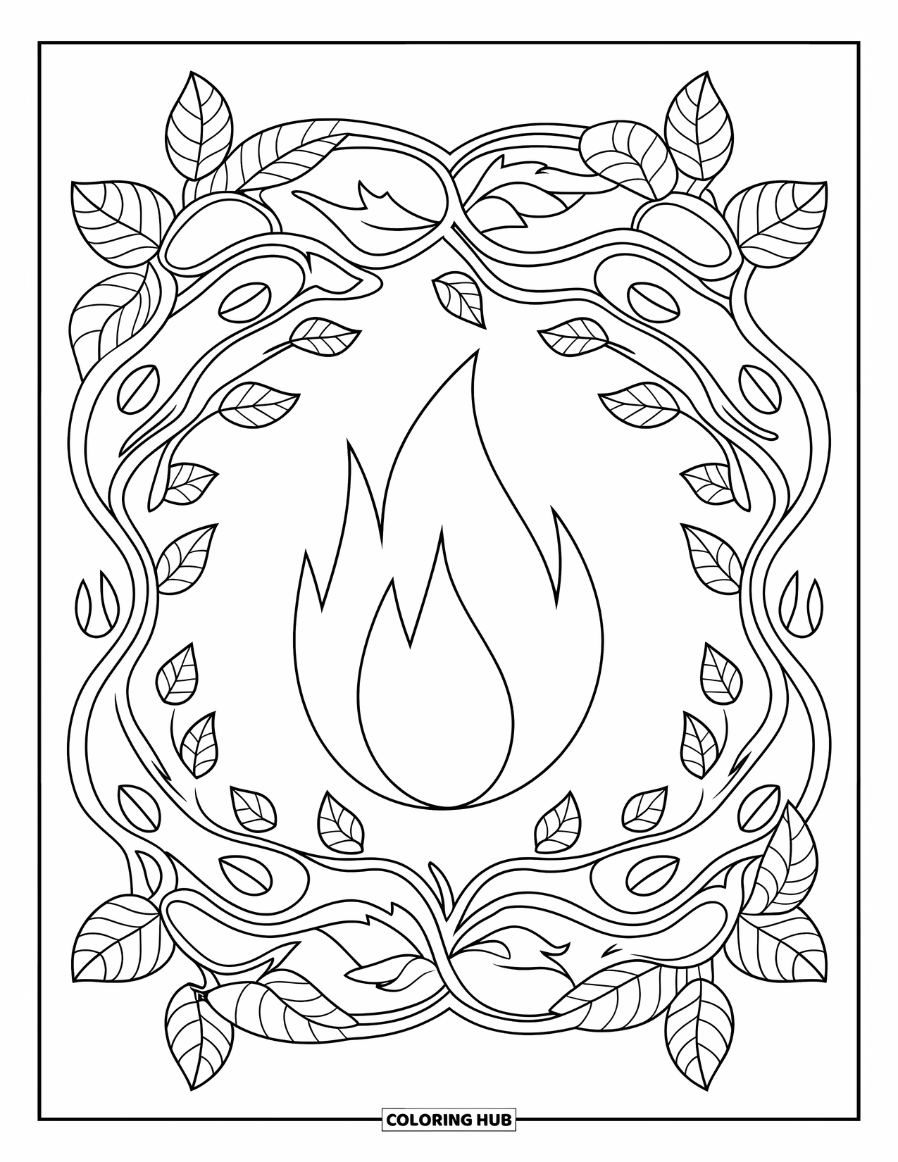 Fire Coloring Page for Adults: A single flame is surrounded by a leafy mandala of vines and bold curves