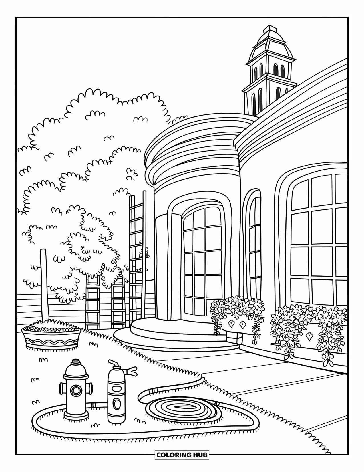 Fire Coloring Page for Adults: A sweet fire station with coiled hose and hydrant rests beside a tree
