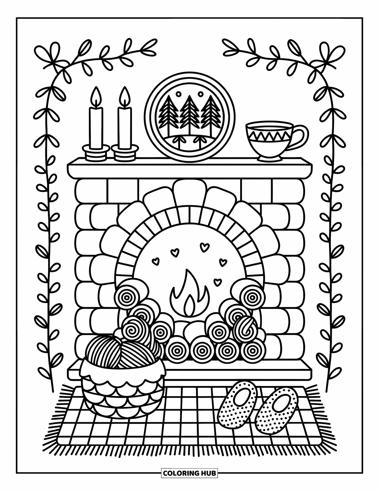 Fire Coloring Page for Adults: A warm fireplace glows beneath a picture, candles, slippers, and soft yarn basket