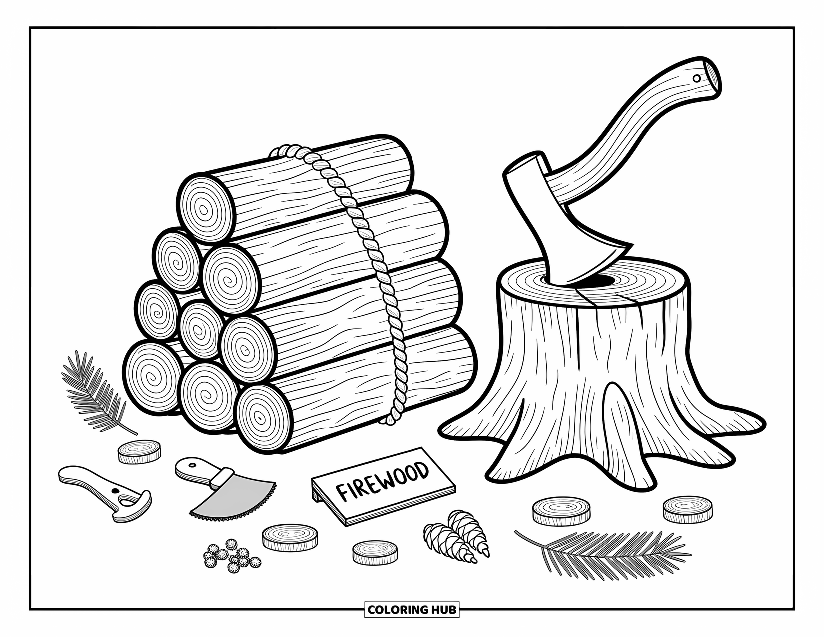 Fire Coloring Page for Adults: Cartoon logs, a stump, and playful tools surround a cozy firewood pile