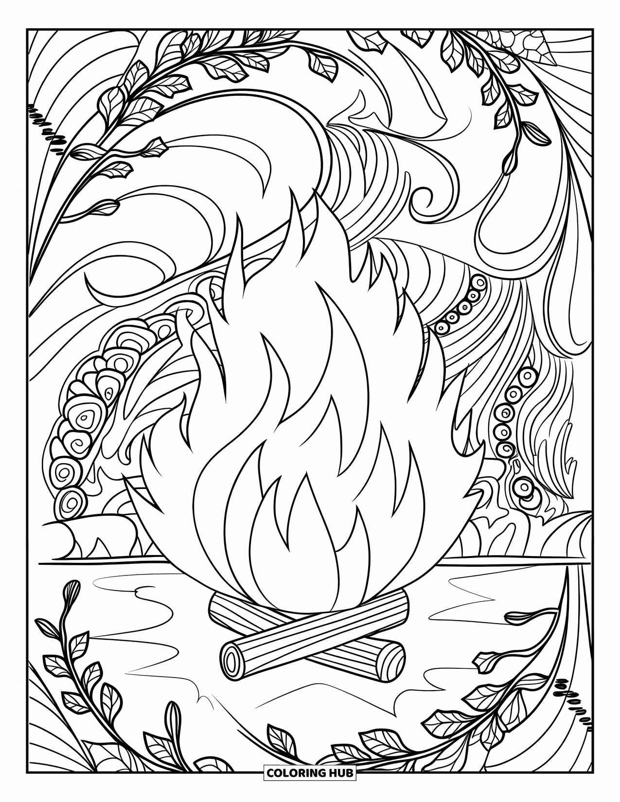 Fire Coloring Page for Adults: Detailed flames rise in a bonfire framed by elegant swirling botanical patterns