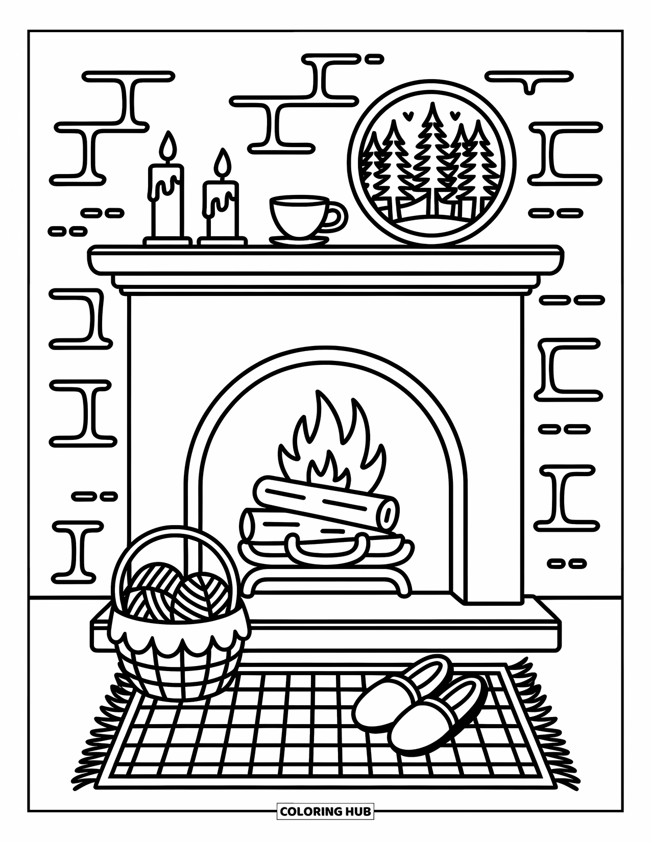 Fire Coloring Page for Adults: Logs flicker in a fireplace with tea, cozy decor, and a rug