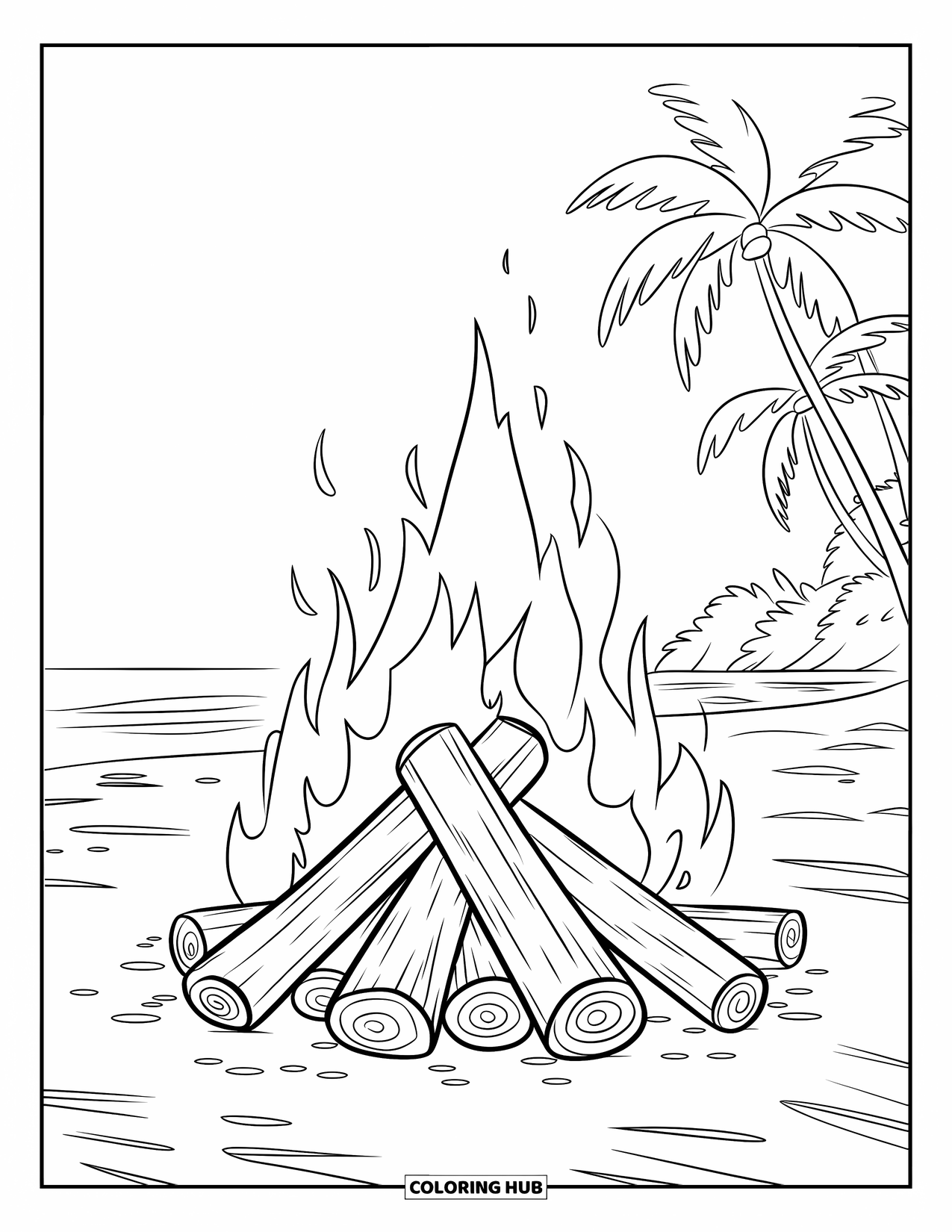 Fire Coloring Page for Kids: A beach bonfire blazes near logs, ocean, and palm trees under night skies