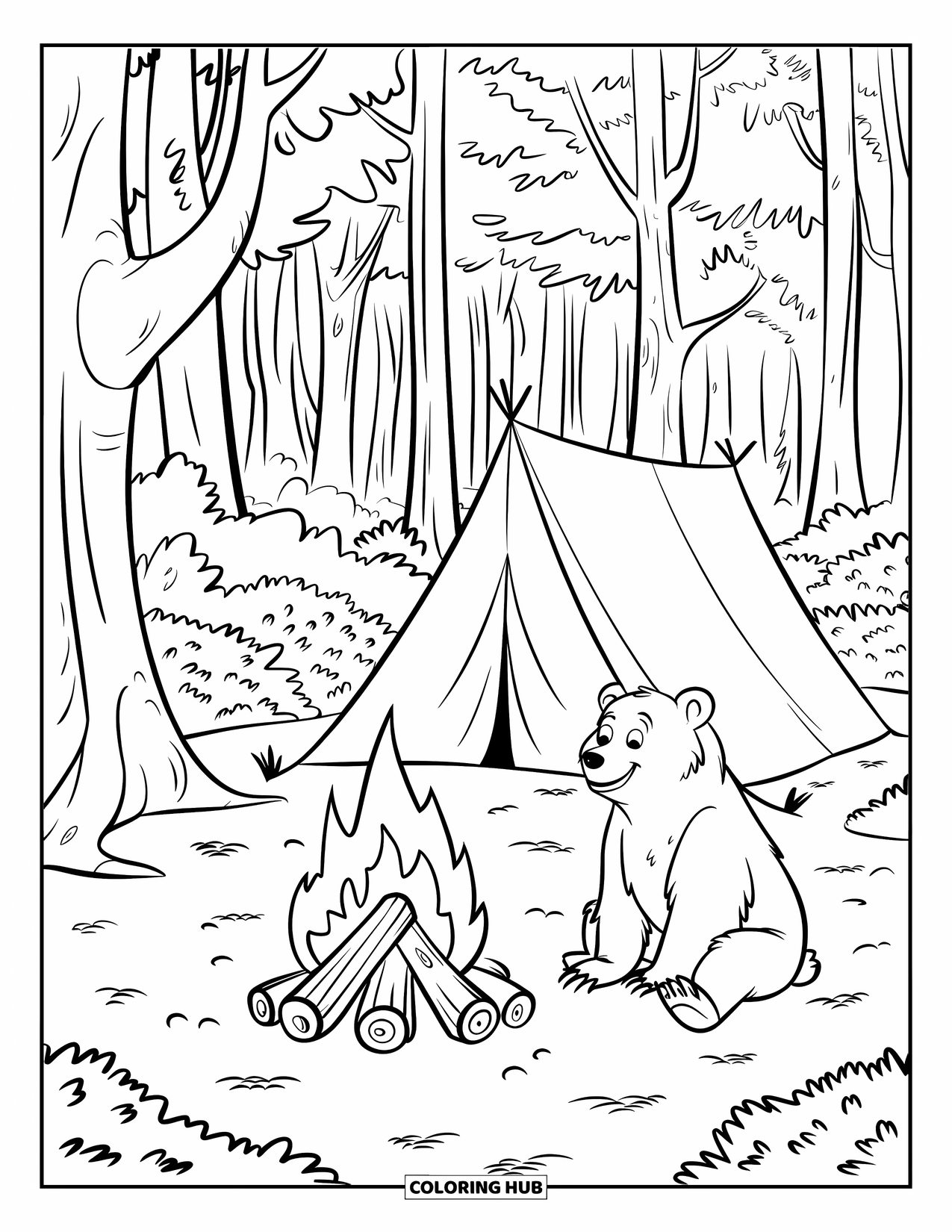 Fire Coloring Page for Kids: A bear sits near a cozy campfire beside a tent in the forest