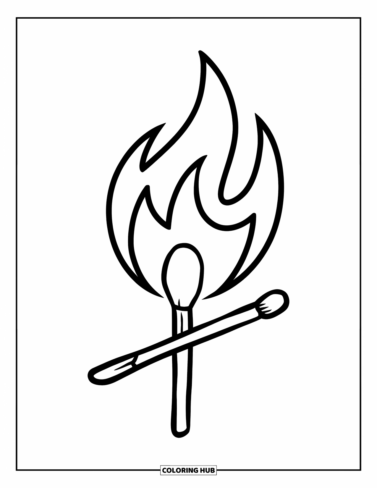 Fire Coloring Page for Kids: A burning matchstick flickers gently with a soft three-part flame