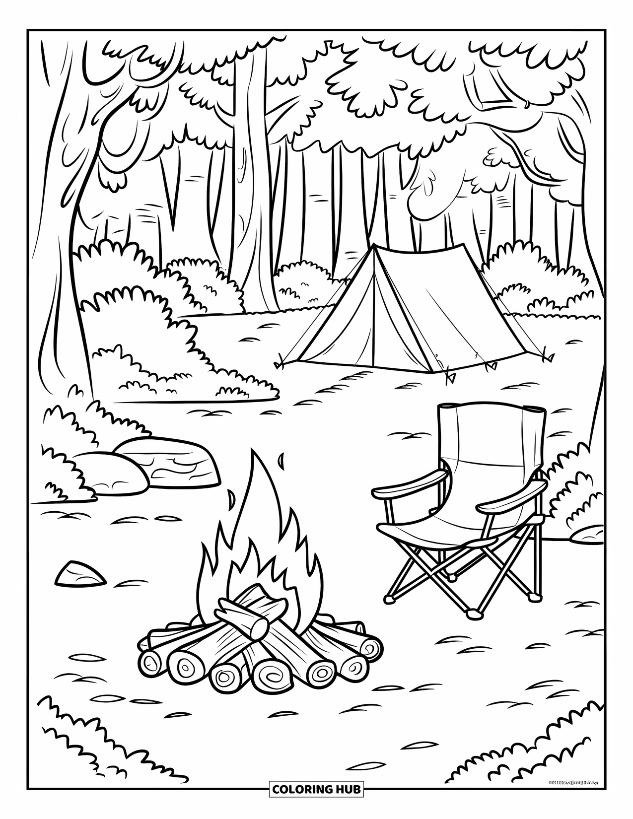 Fire Coloring Page for Kids: A campfire glows beside a tent, logs, and scattered rocks in the woods