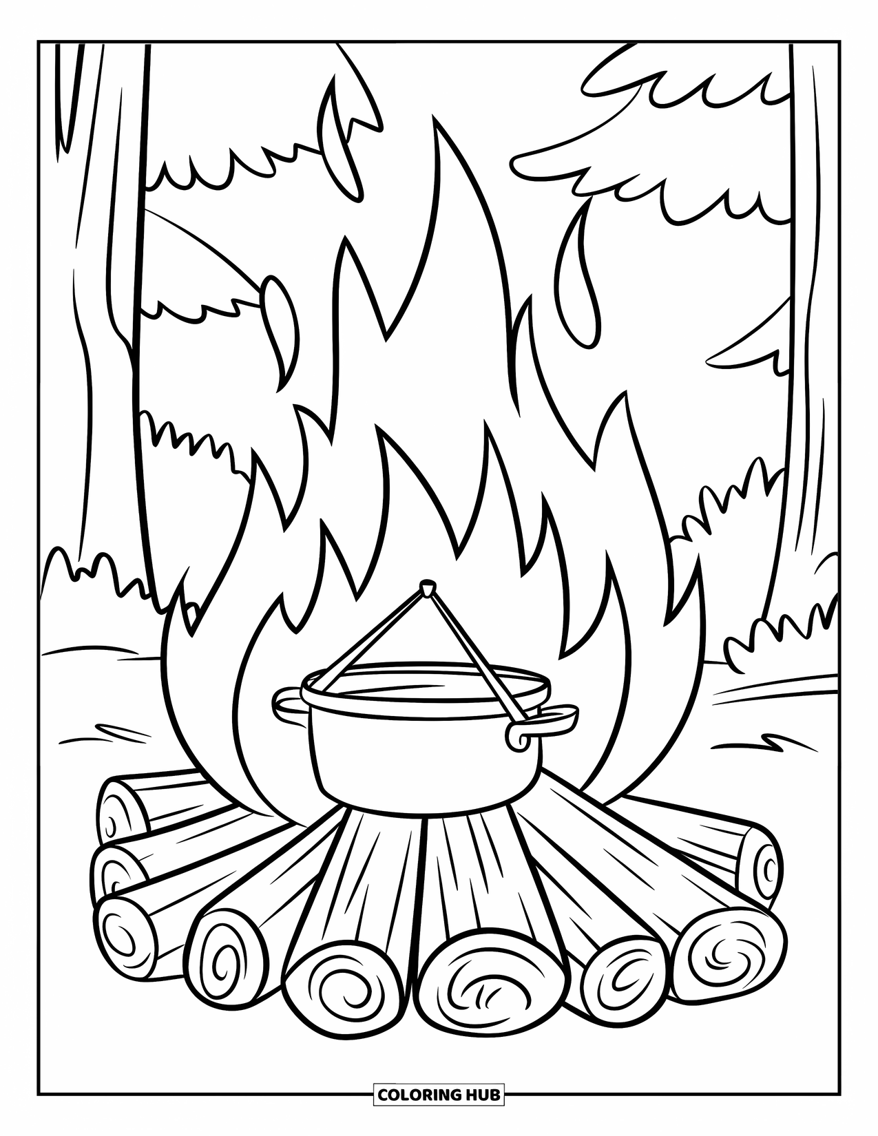 Fire Coloring Page for Kids: A campfire with thick logs and a pot hangs over glowing flames