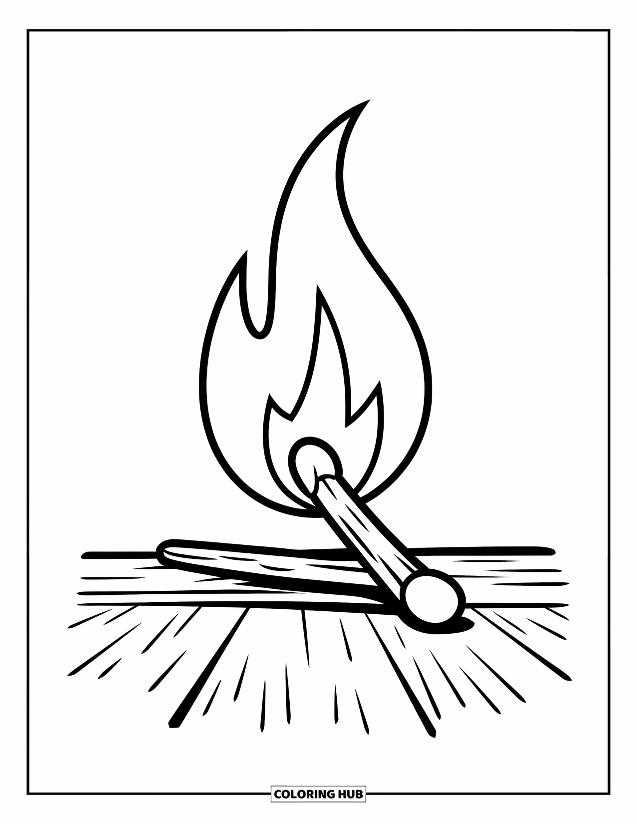 Fire Coloring Page for Kids: A curved flame rises above a matchstick on a wooden surface