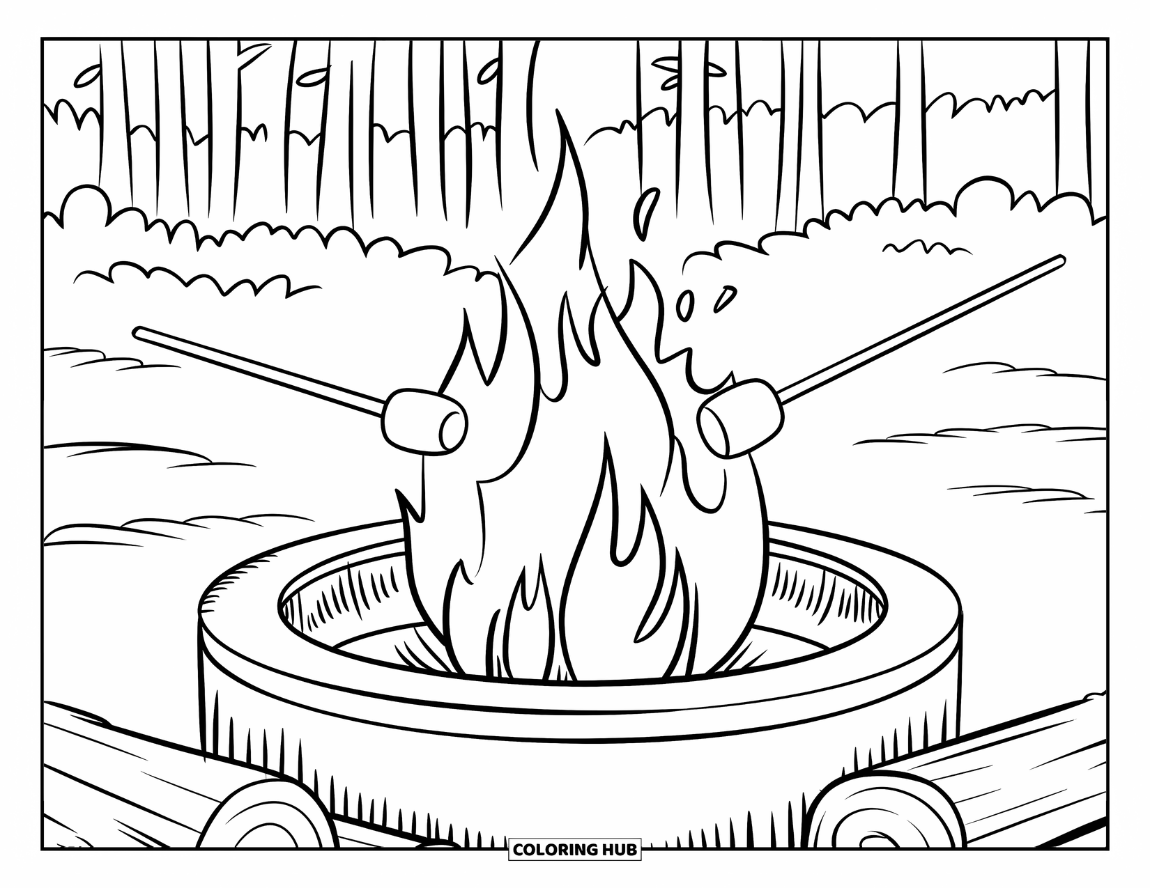 Fire Coloring Page for Kids: A fire burns in a forest pit with marshmallows and logs all around