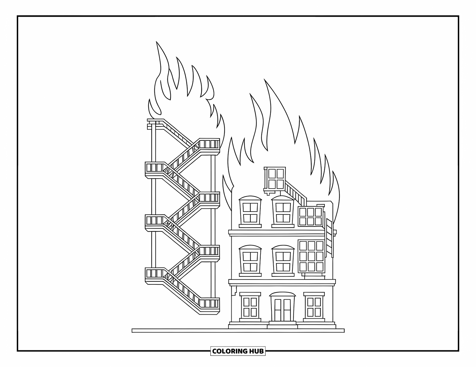 Fire Coloring Page for Kids: A fire escape plan stands beside a burning multi-story building with smoke and flames