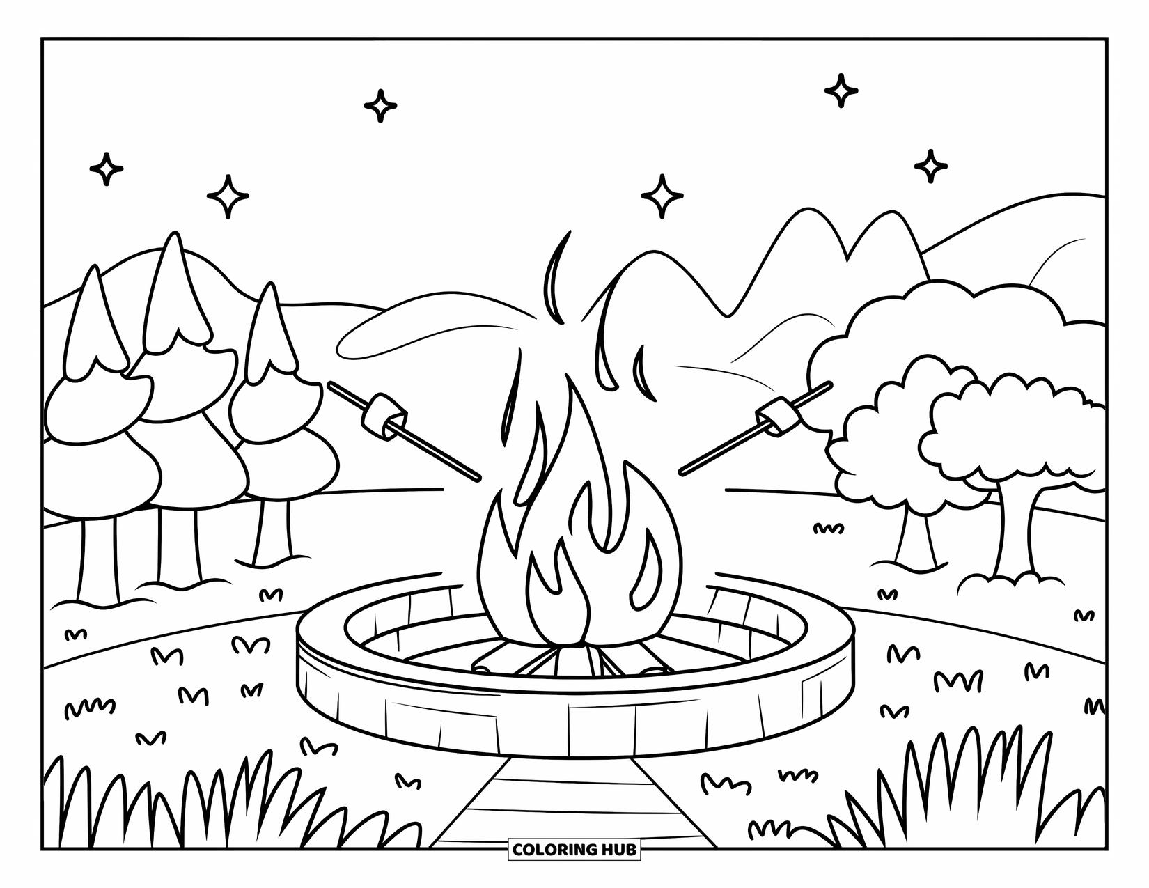 Fire Coloring Page for Kids: A fire pit with marshmallows glows under stars and mountains
