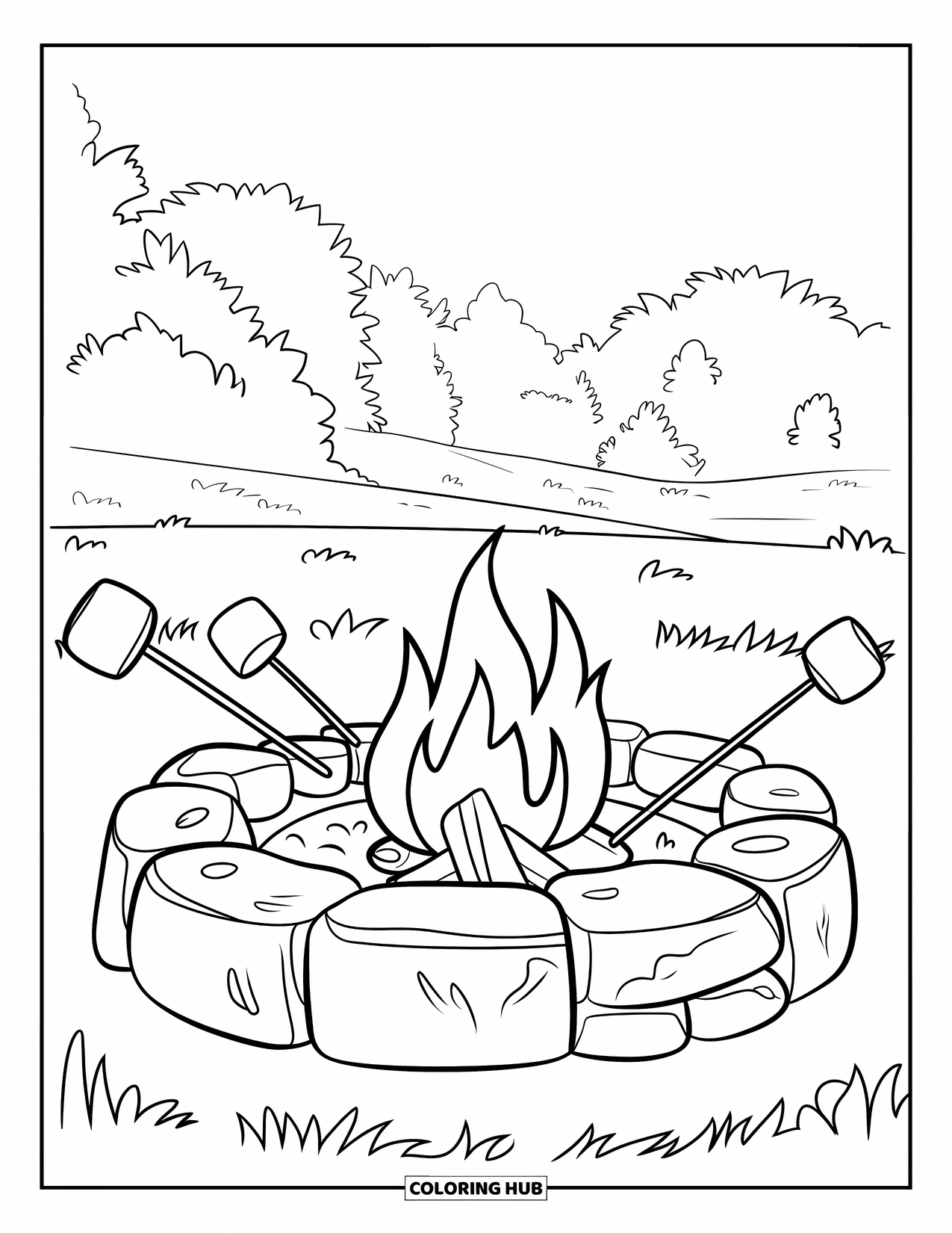 Fire Coloring Page for Kids: A fire pit with stones and marshmallows glows in a grassy field
