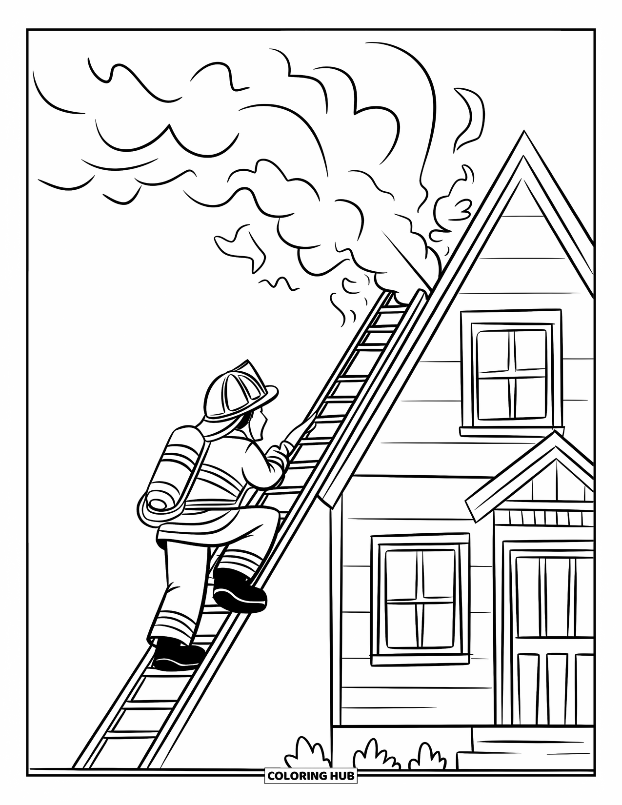Fire Coloring Page for Kids: A firefighter climbs a ladder toward house smoke with clear surroundings