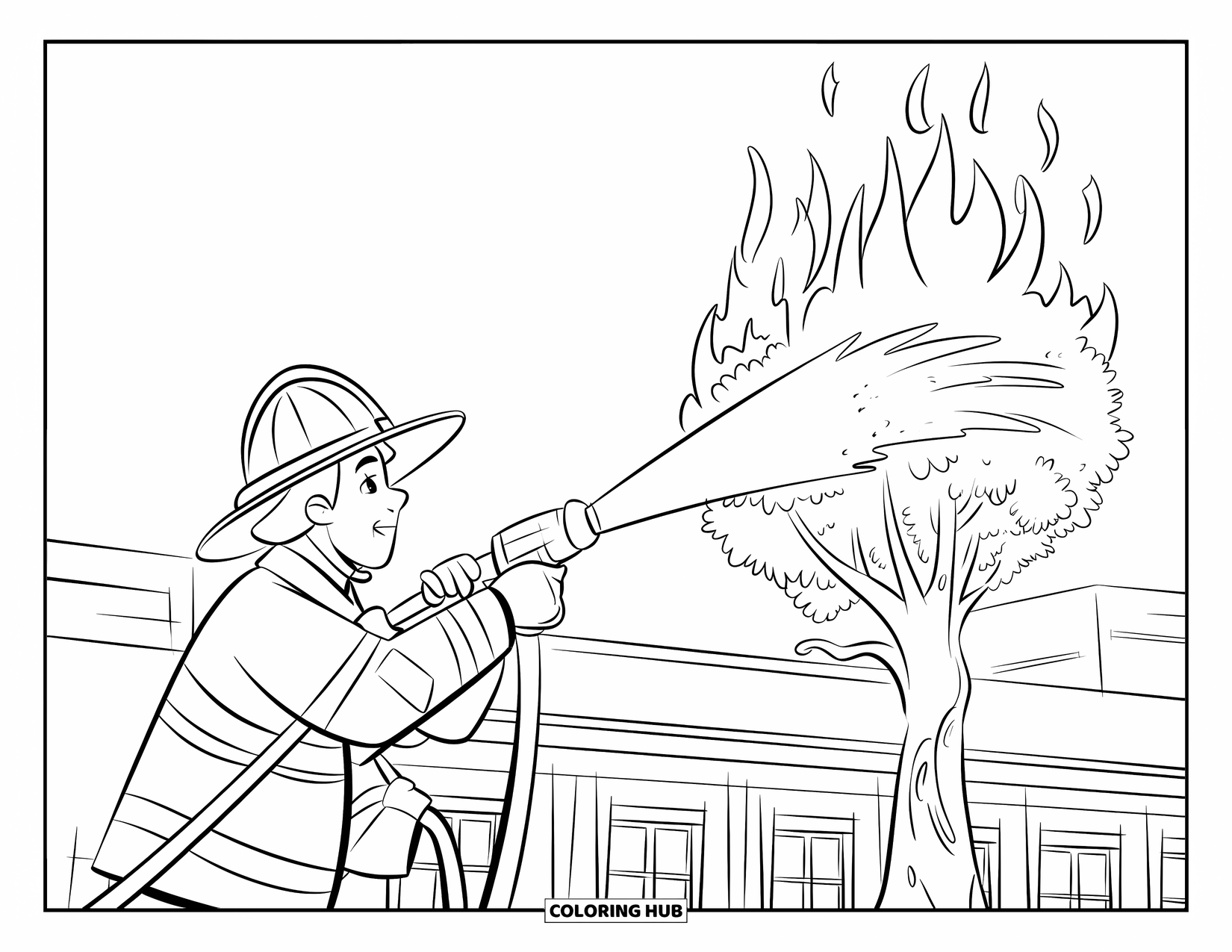 Fire Coloring Page for Kids: A firefighter douses flames on a burning tree beside a building