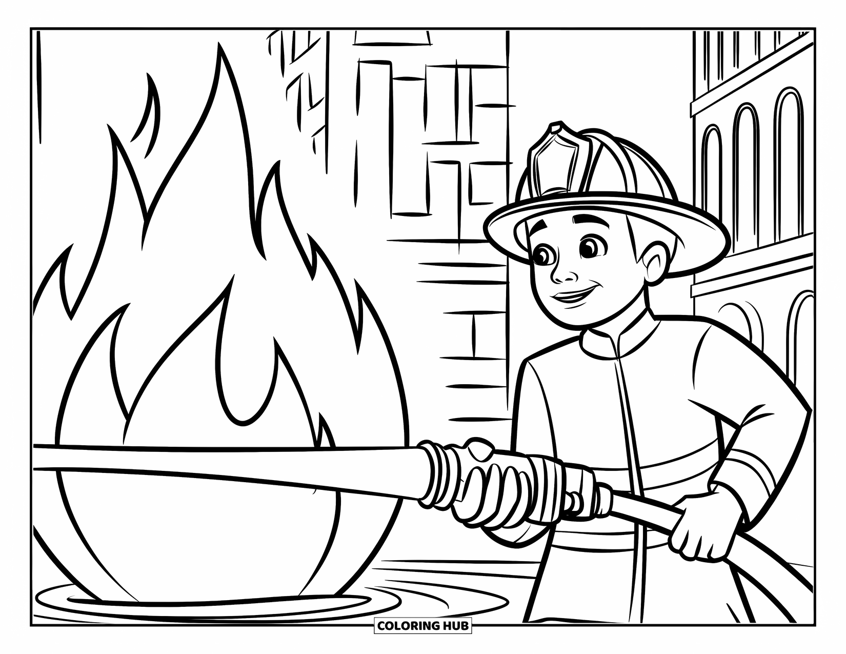 Fire Coloring Page for Kids: A firefighter holds a hose near tall flames in a city scene