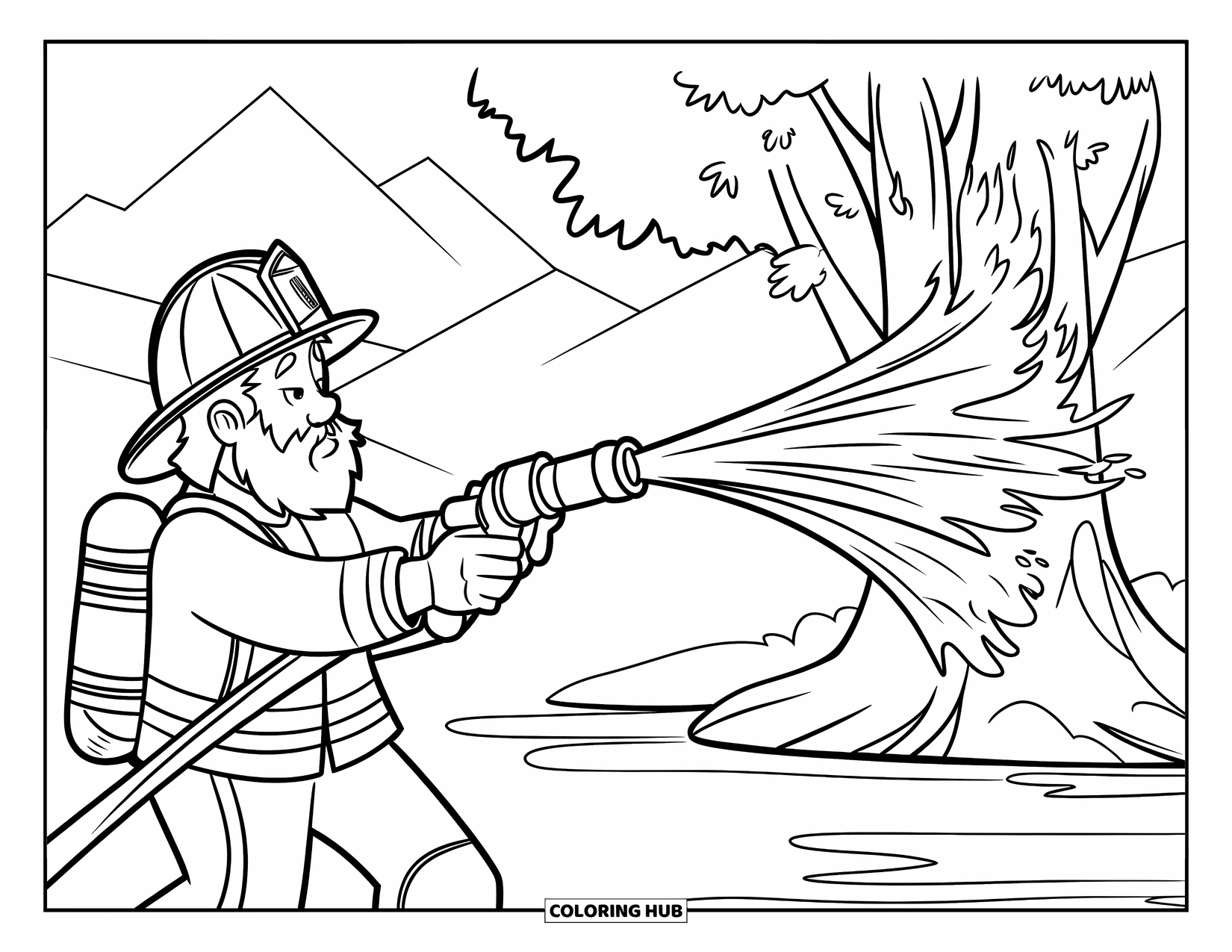 Fire Coloring Page for Kids: A firefighter sprays water on a tree catching fire in the woods