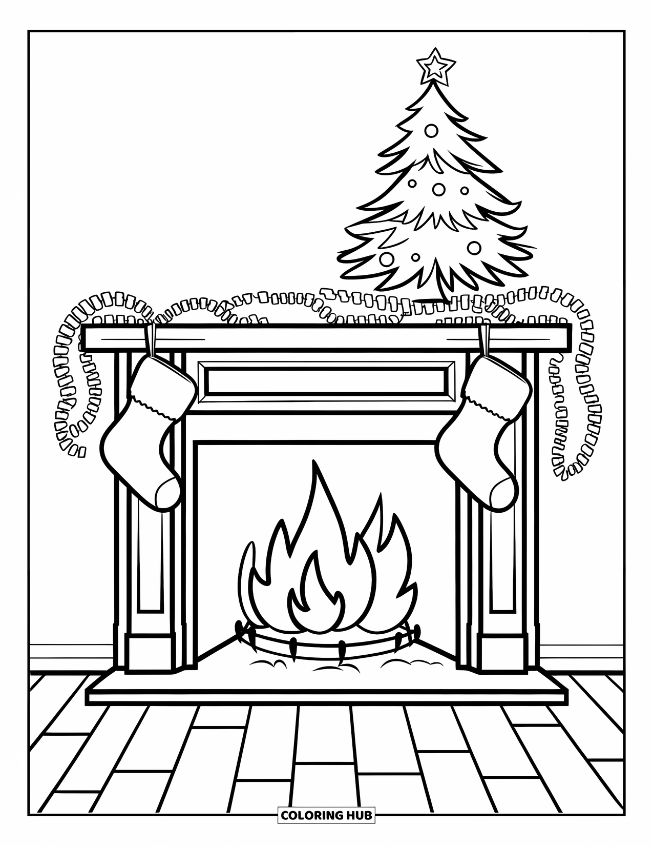 Fire Coloring Page for Kids: A fireplace with stockings and a tree glows in a cozy room