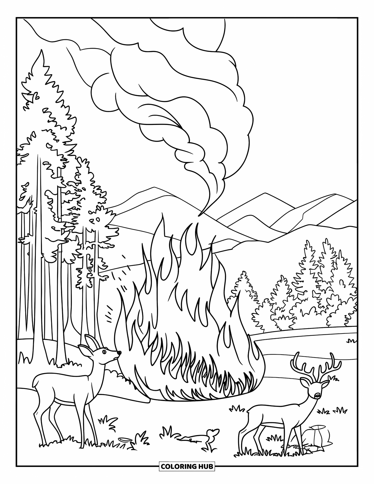 Fire Coloring Page for Kids: A forest fire starts at one tree with animals watching in the woods