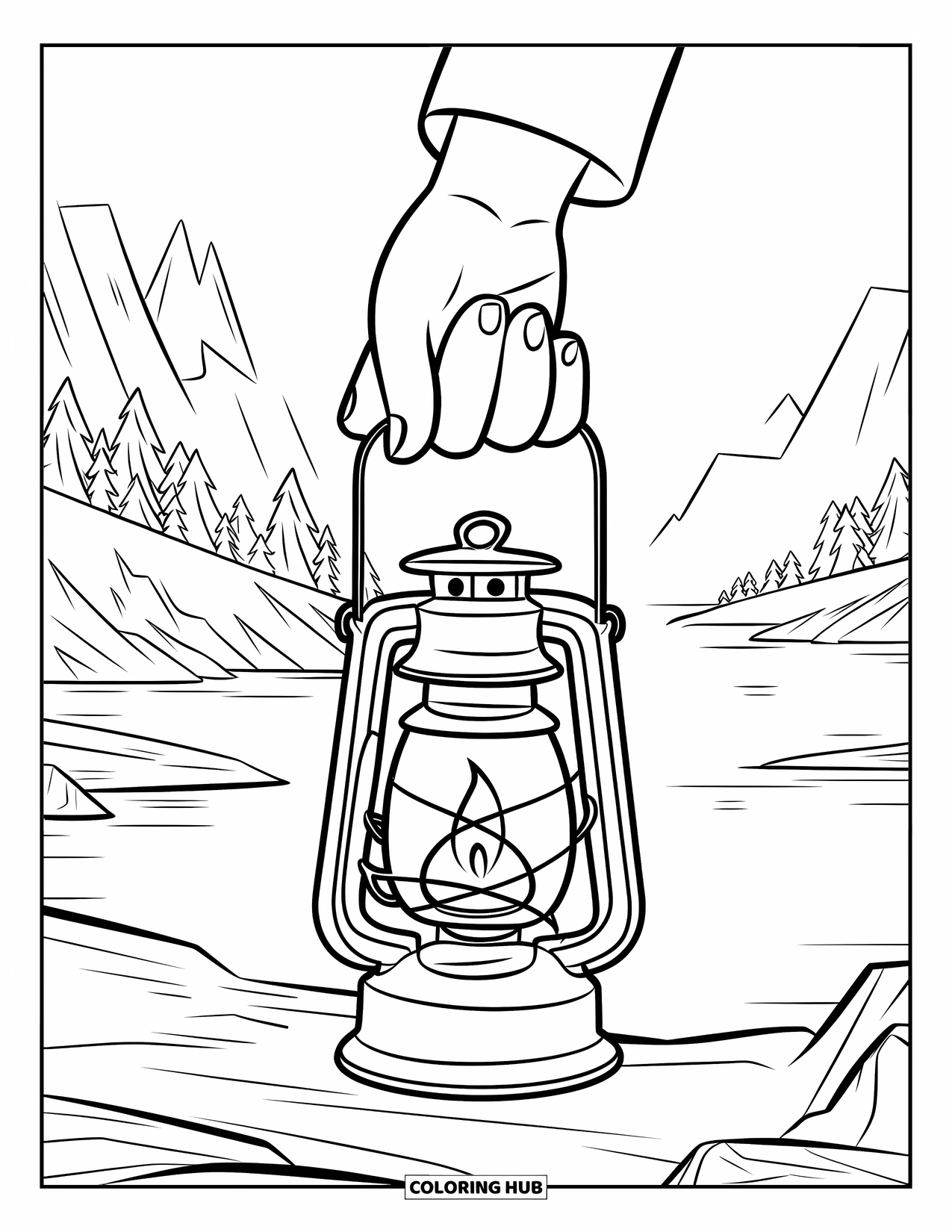 Fire Coloring Page for Kids: A lantern lights a rocky path with trees, water, and peaceful mountains