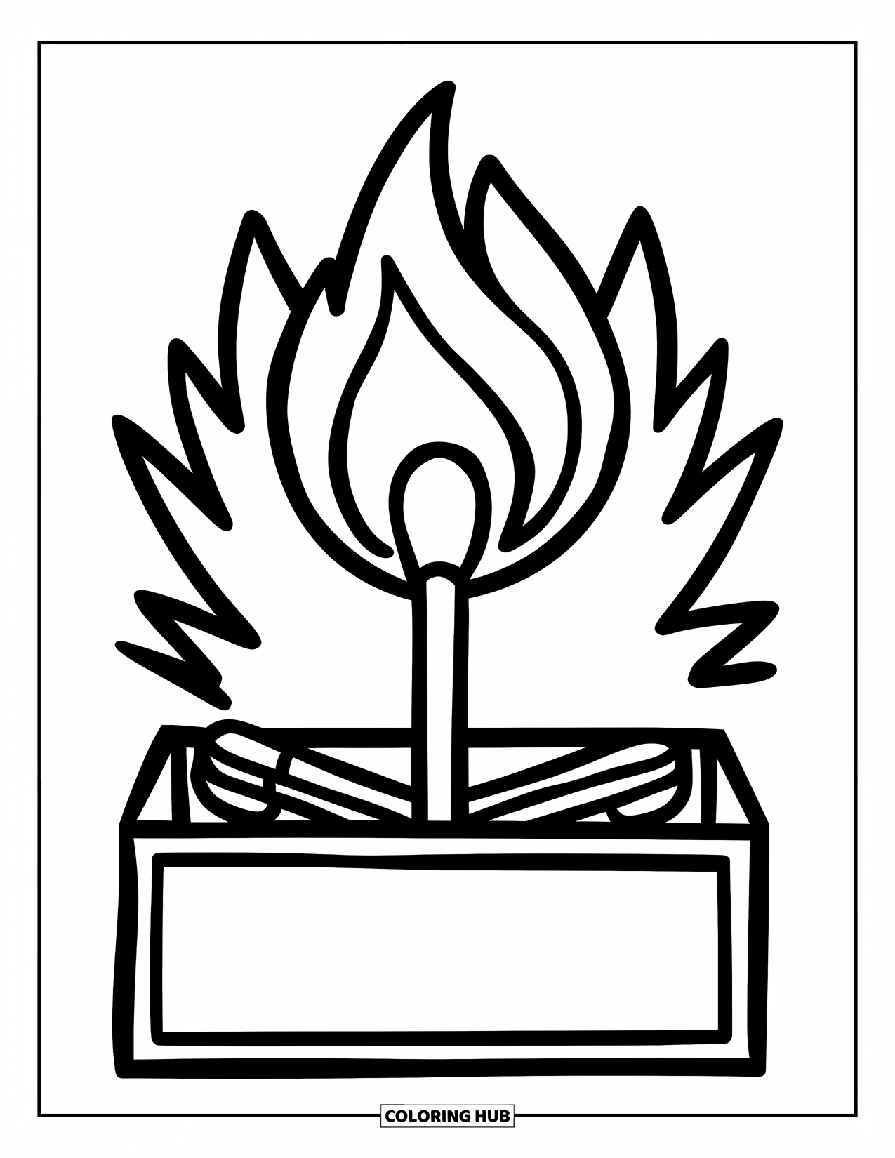 Fire Coloring Page for Kids: A matchstick burns playfully from a box with large coloring sections