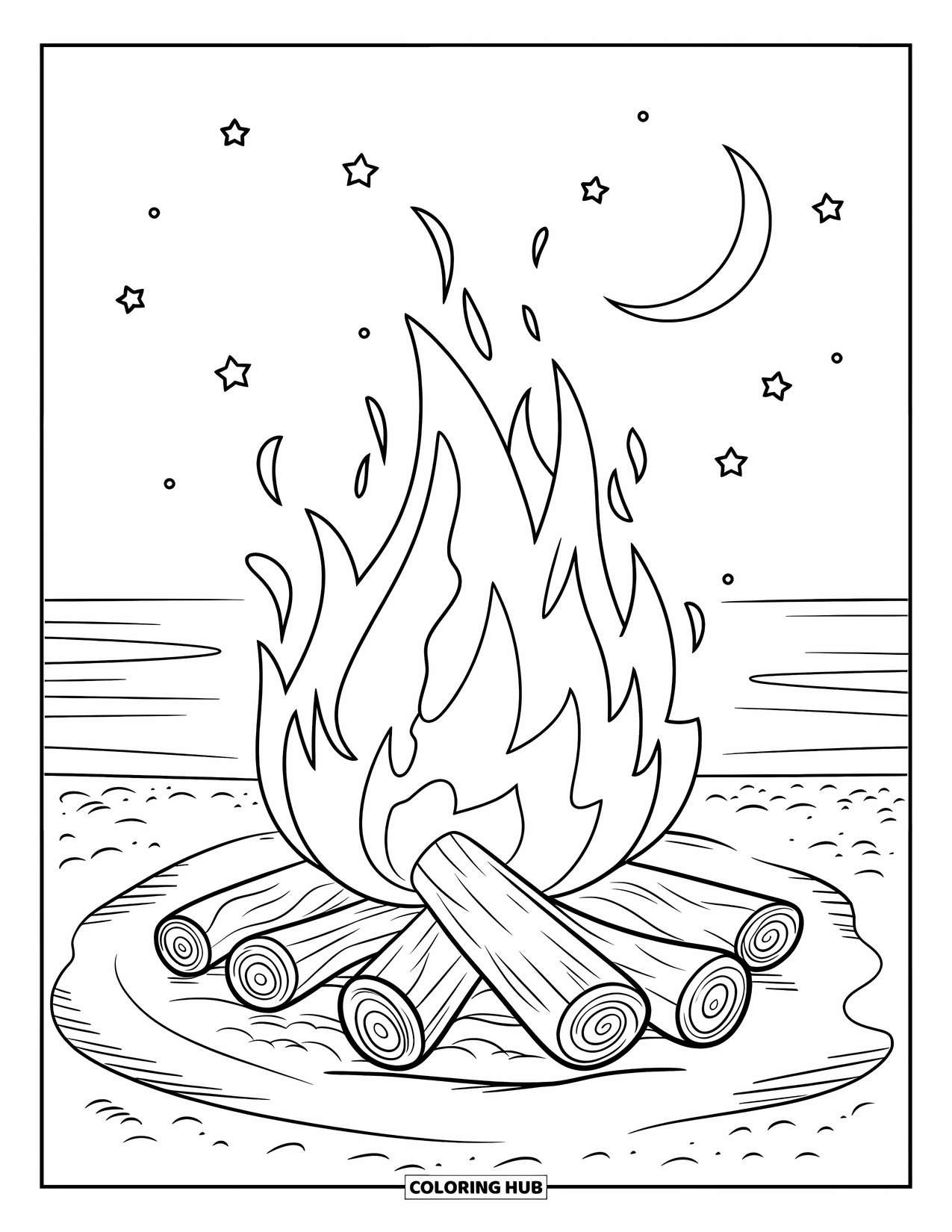 Fire Coloring Page for Kids: Flames dance in a beach bonfire with sand, stars, and a crescent moon