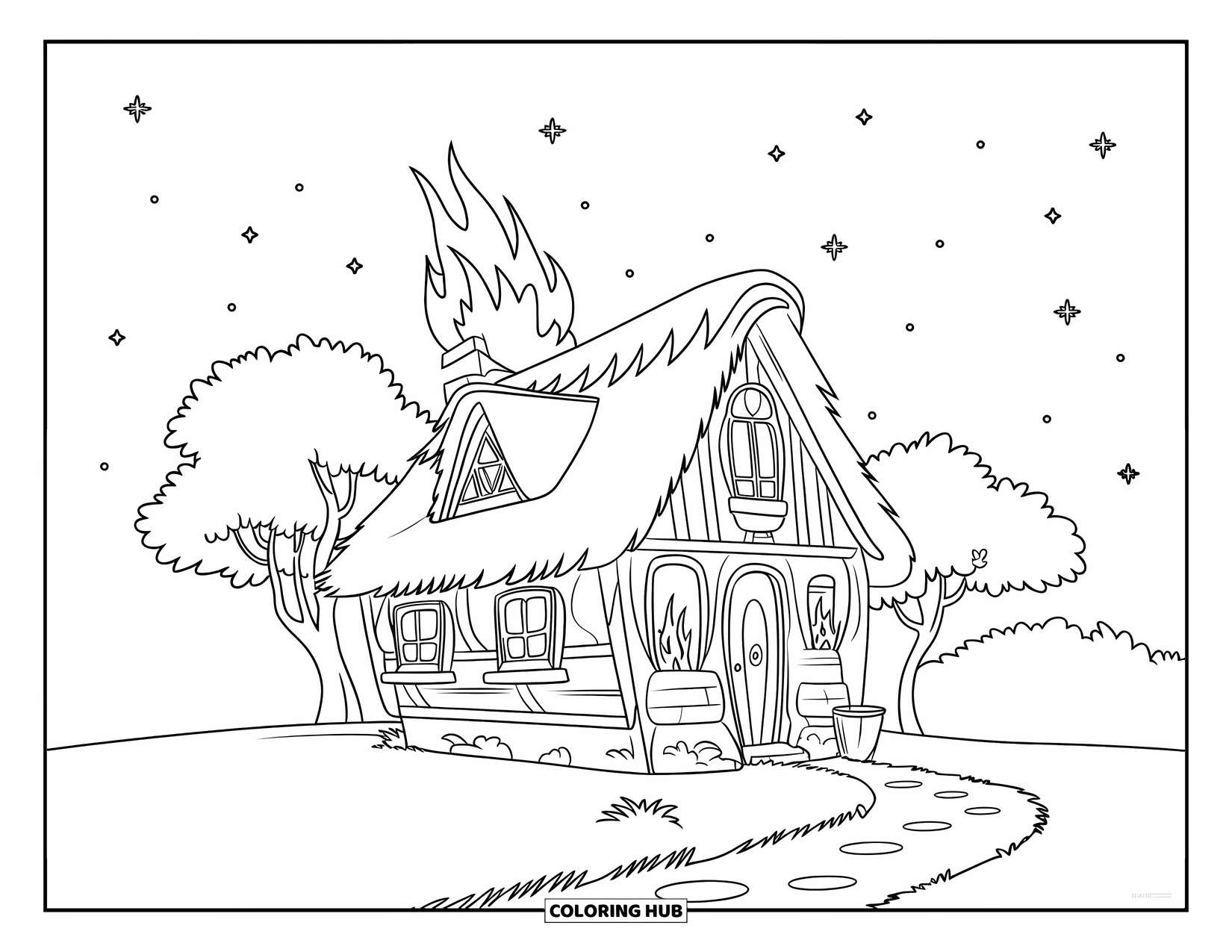 Fire Coloring Page for Kids: Flames escape a small wooden house with thatched roof and starry sky