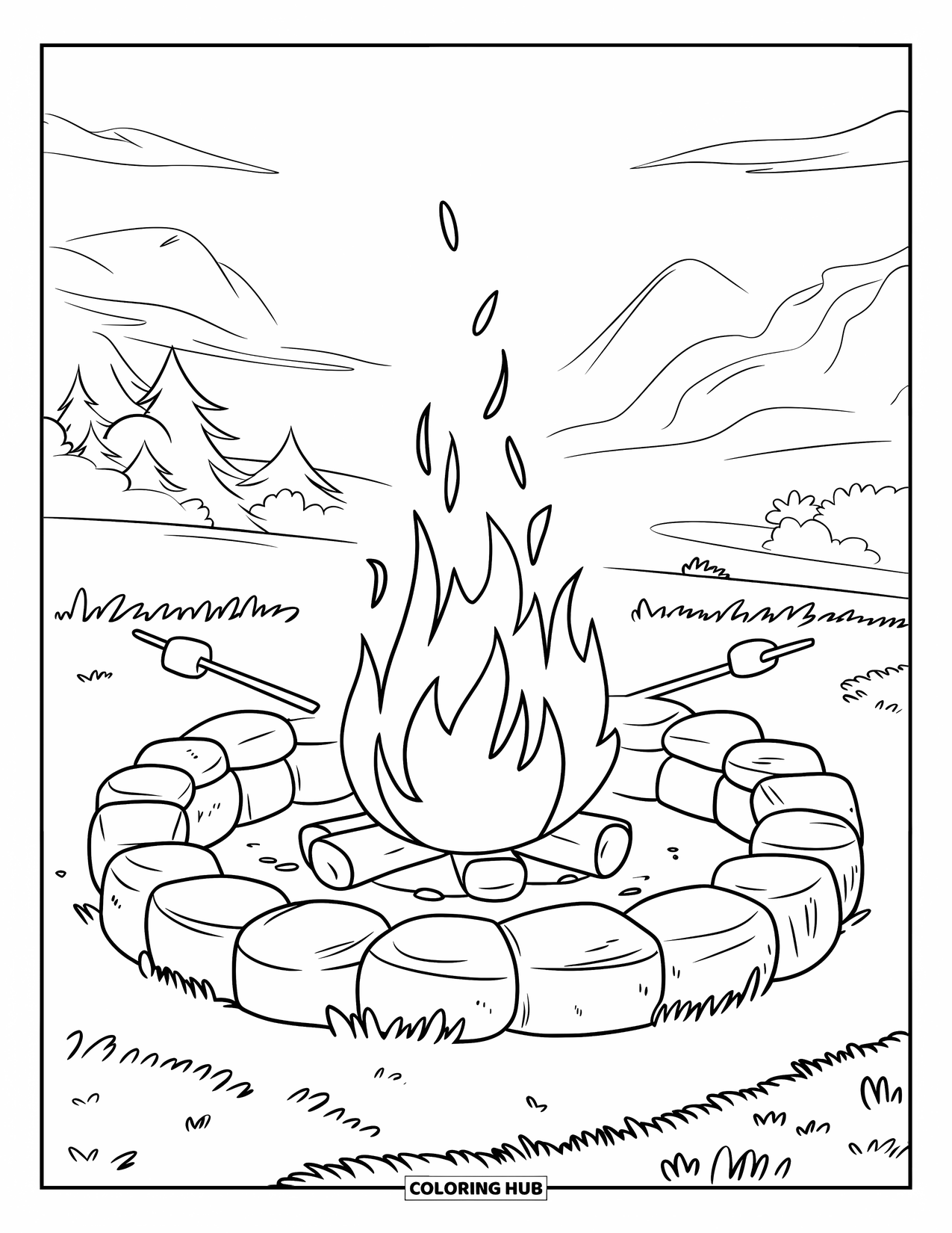Fire Coloring Page for Kids: Three marshmallows roast over a fire pit surrounded by mountains and trees