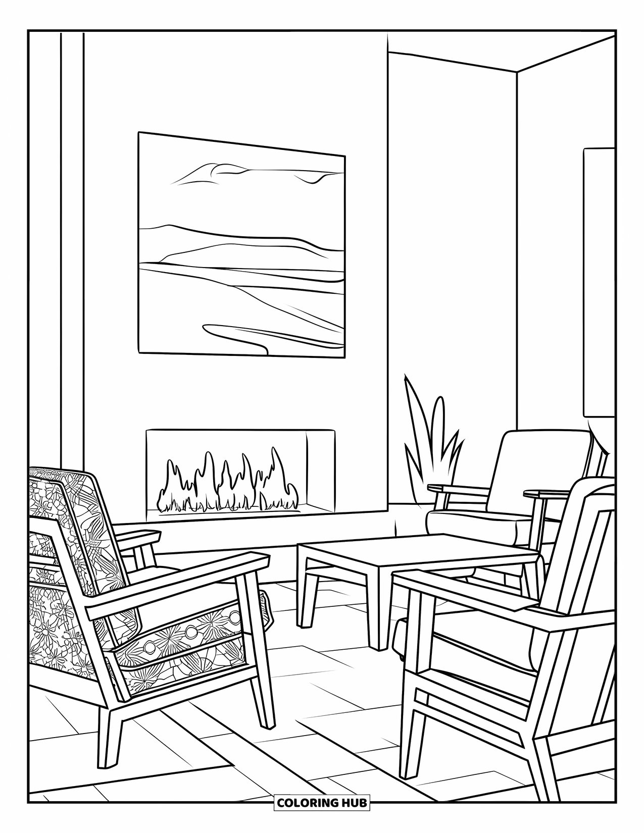 Fire Coloring Page for Kids: Two chairs face a fireplace in a room with a tiled floor and painting