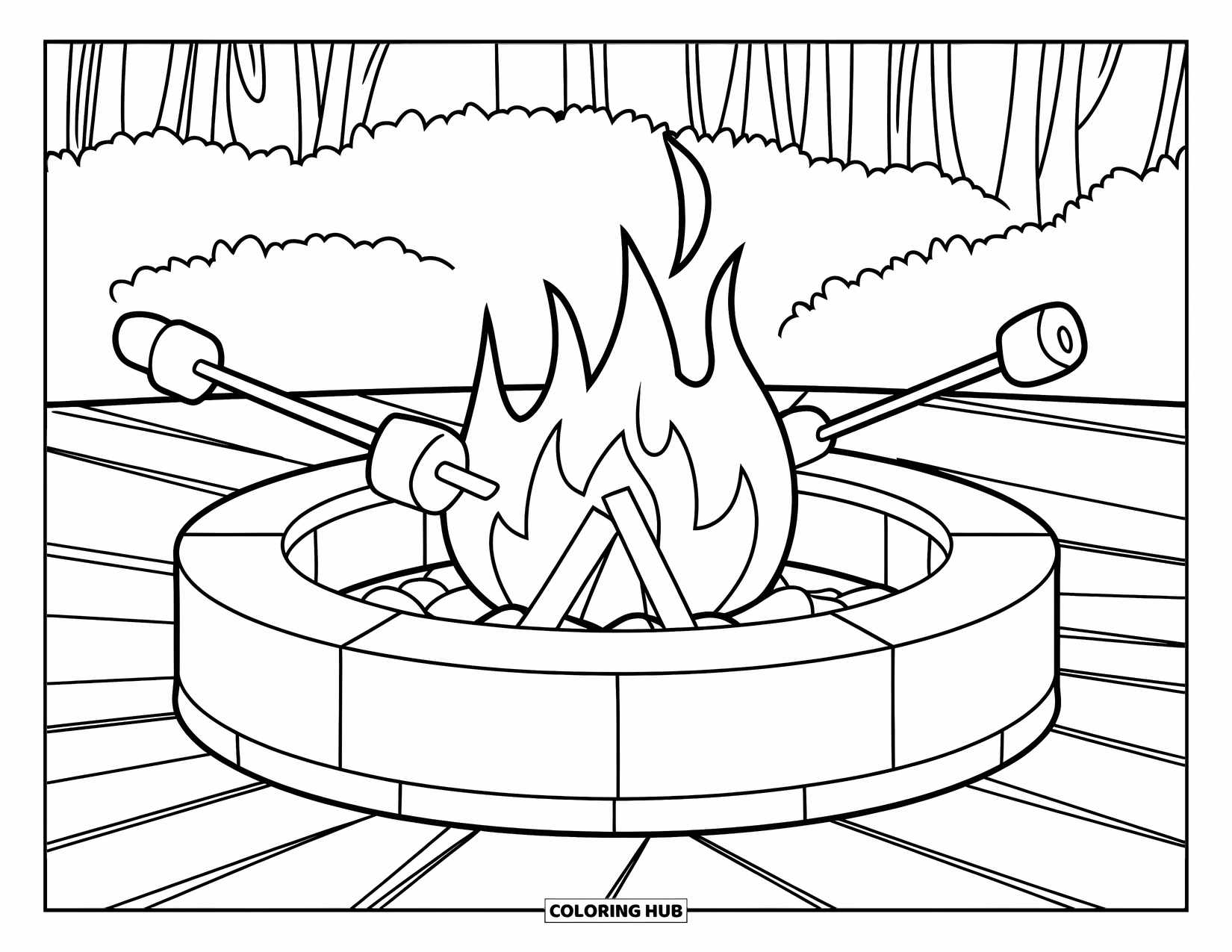 Fire Coloring Page for Kids: Two marshmallows roast in a fire pit on a wooden deck near trees