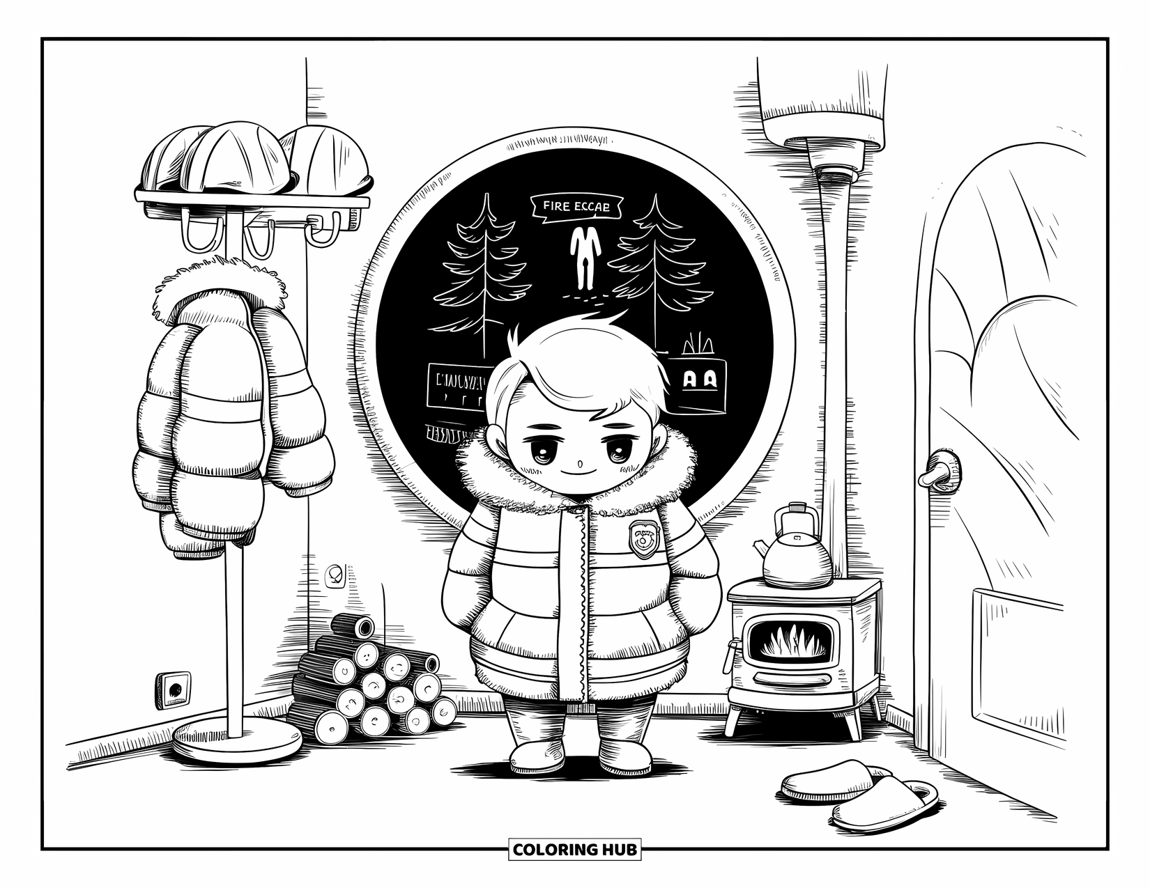 Fire Safety Coloring Page for Adults: A chibi fire chief points to a fire escape plan in a warm firehouse