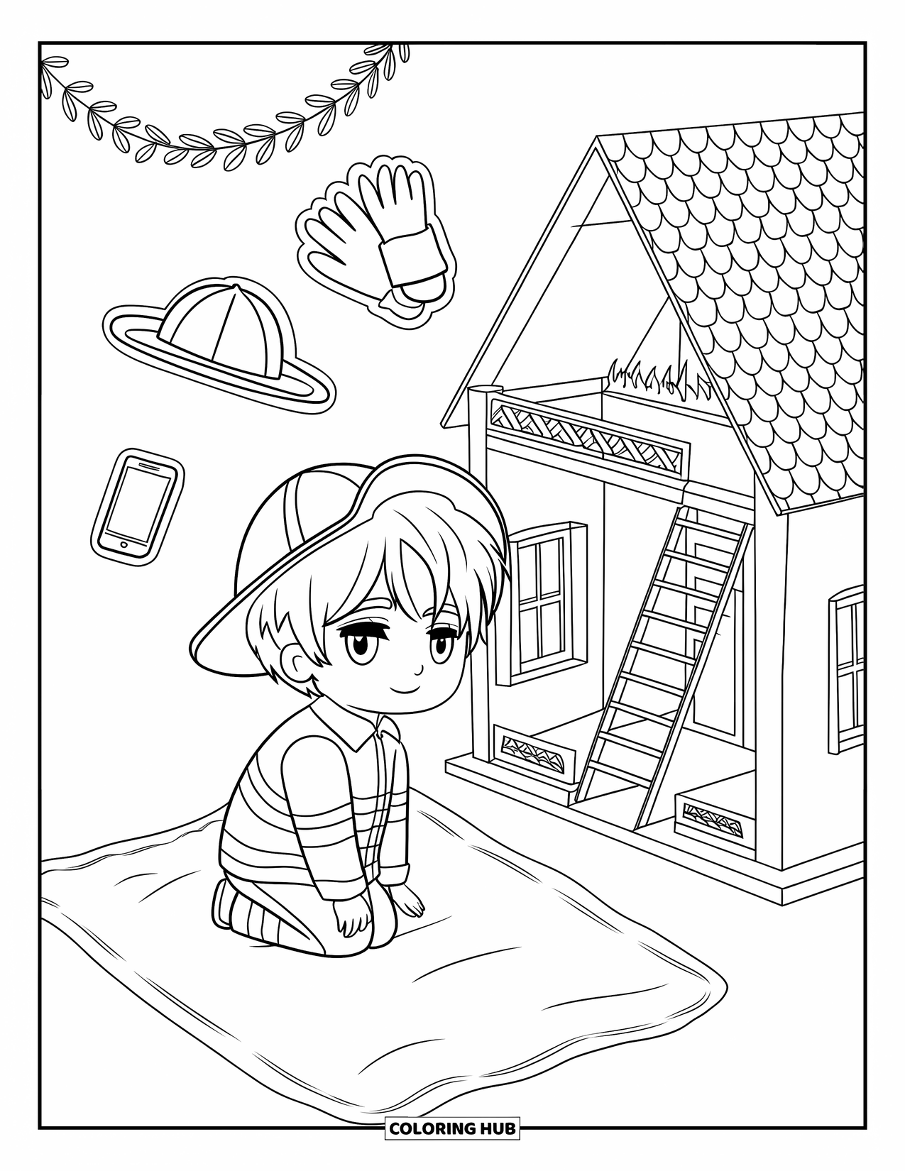 Fire Safety Coloring Page for Adults: A chibi firefighter boy in uniform shows a dollhouse escape ladder