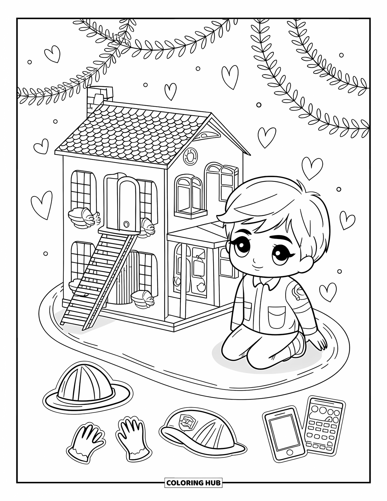 Fire Safety Coloring Page for Adults: A chibi firefighter boy plays beside a dollhouse with emergency stickers around him