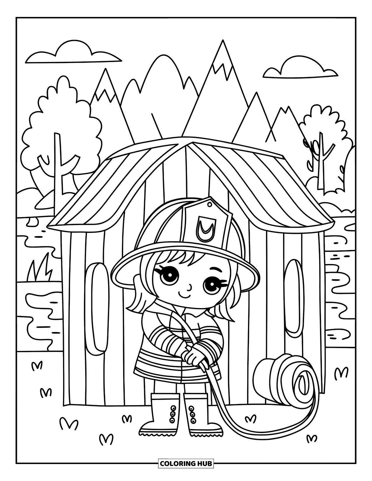 Fire Safety Coloring Page for Adults: A chibi firefighter girl stands near a scenic wooden fire station with a hose