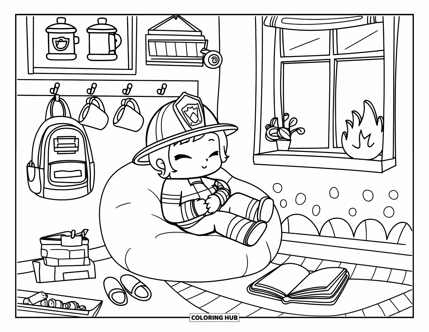 Fire Safety Coloring Page for Adults: A chibi firefighter reads a book in a cozy firehouse break room