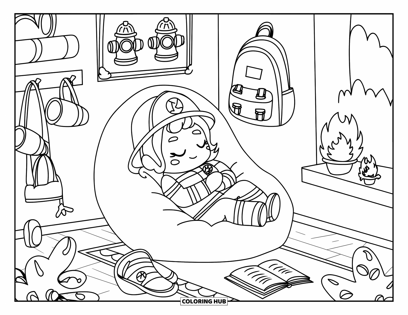 Fire Safety Coloring Page for Adults: A chibi firefighter rests in a firehouse break room with mugs and art
