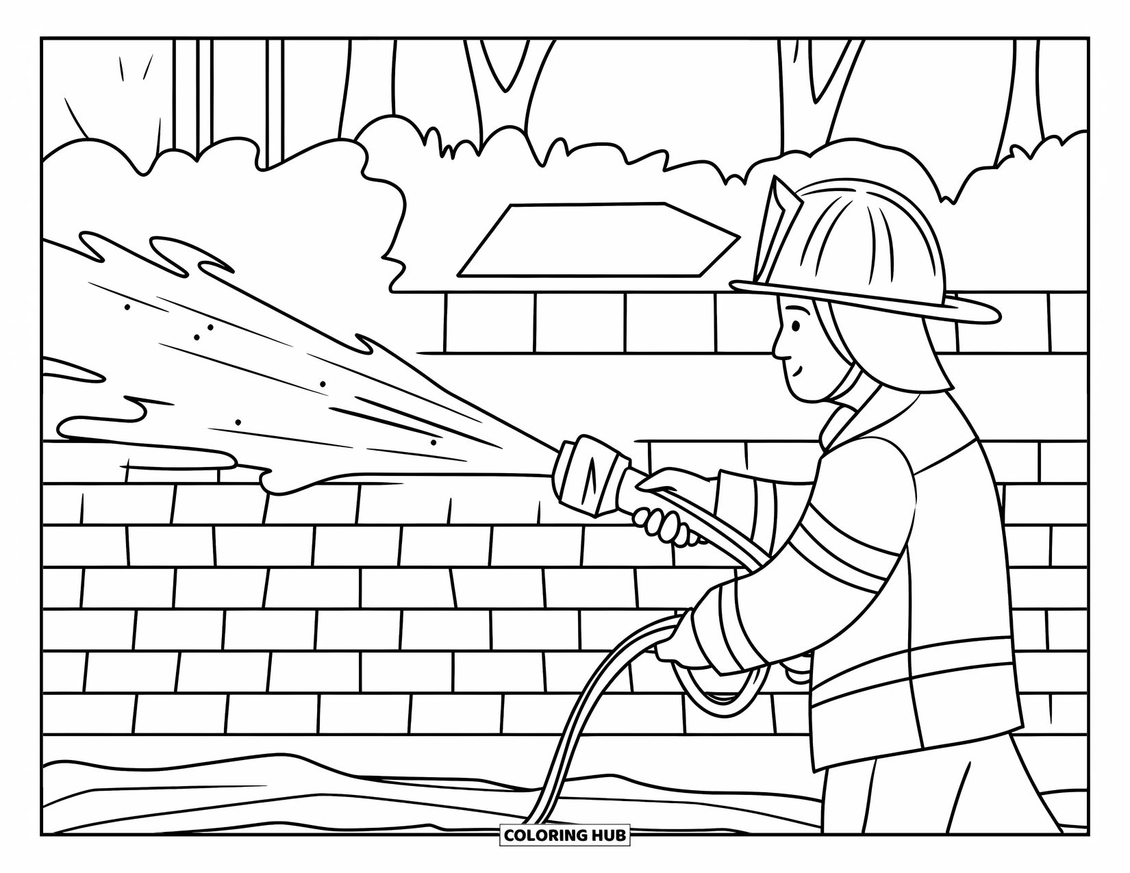 Fire Safety Coloring Page for Adults: A firefighter aims water at a brick wall near trees and a building