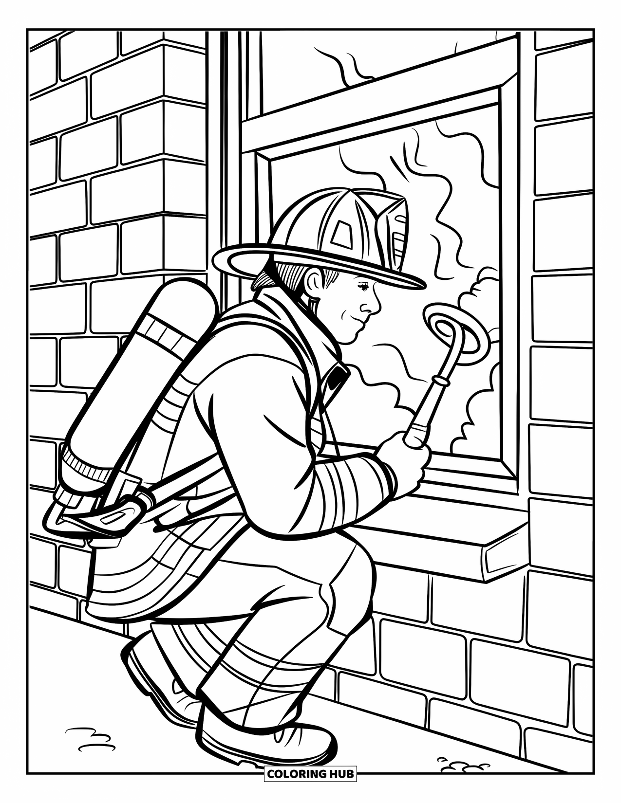 Fire Safety Coloring Page for Adults: A firefighter crouches by a smoky window holding a halligan tool
