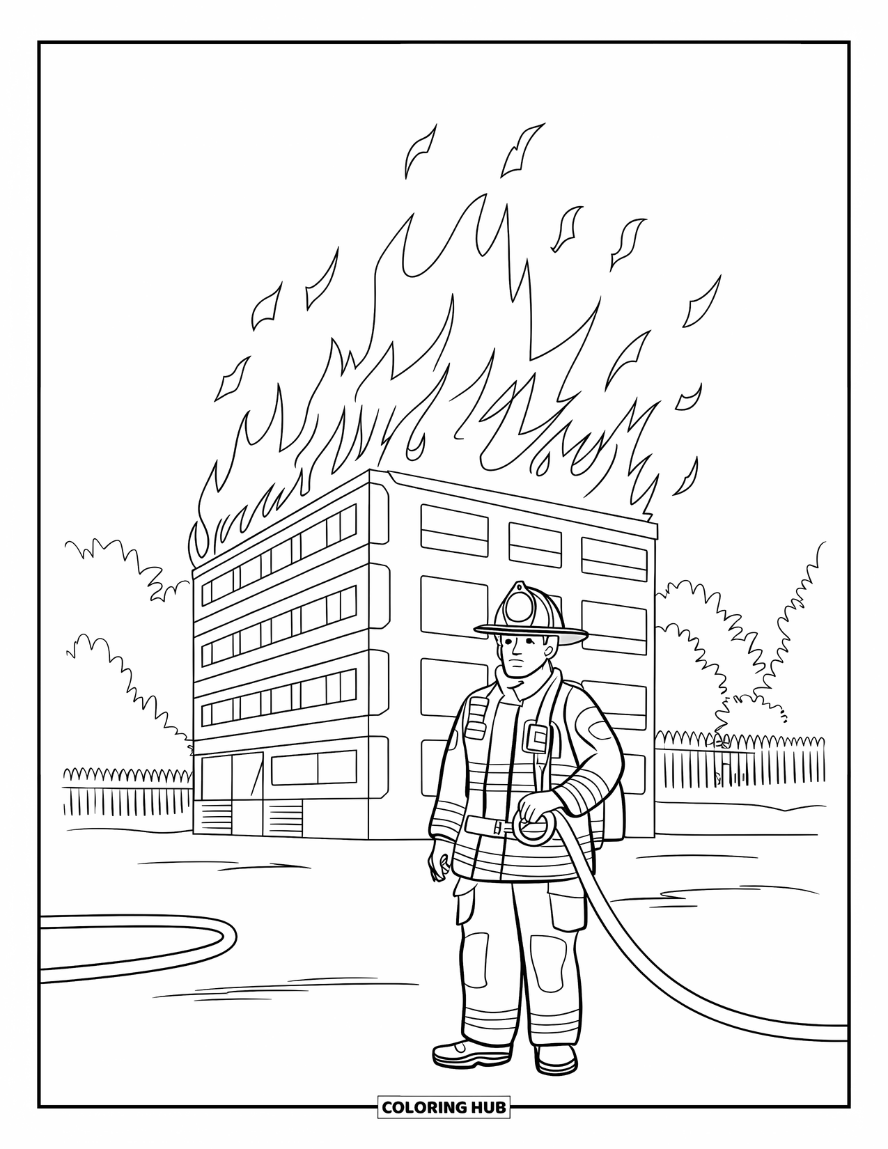 Fire Safety Coloring Page for Adults: A firefighter in gear faces a flaming multi-story training building