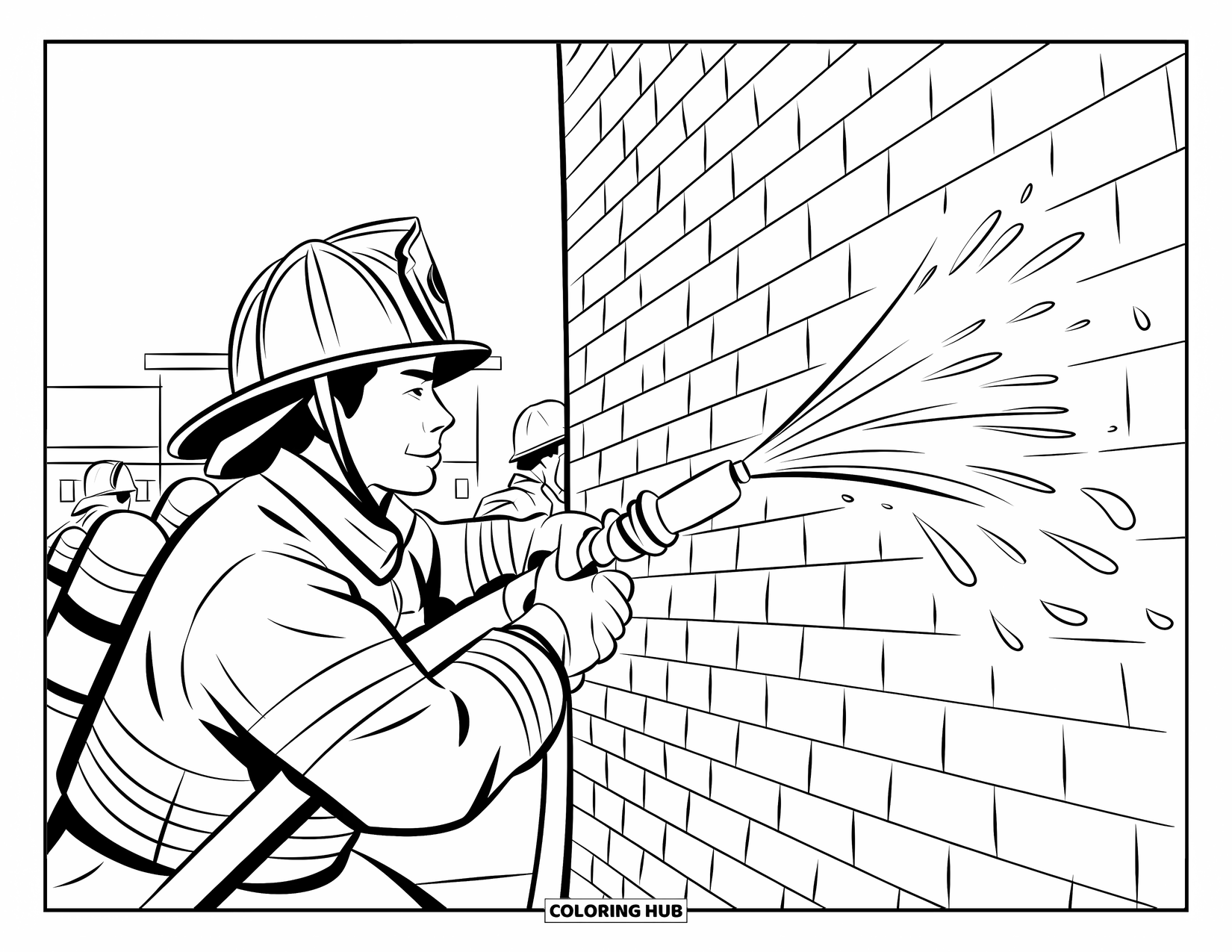 Fire Safety Coloring Page for Adults: A firefighter sprays water at a brick training wall
