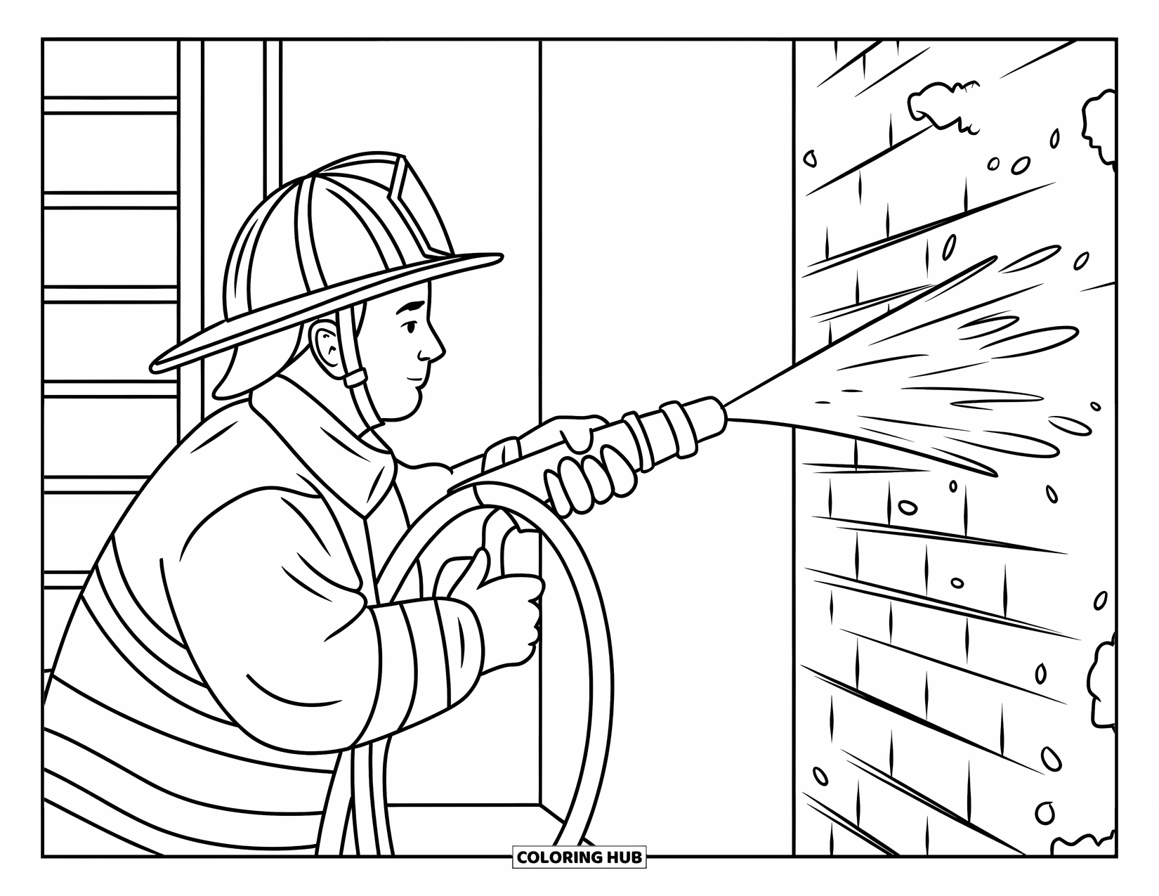 Fire Safety Coloring Page for Adults: A firefighter uses a hose near a brick wall with holes and a ladder