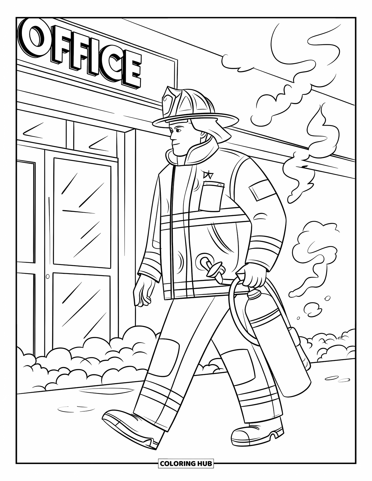 Fire Safety Coloring Page for Adults: A firefighter walks into smoke carrying a fire extinguisher