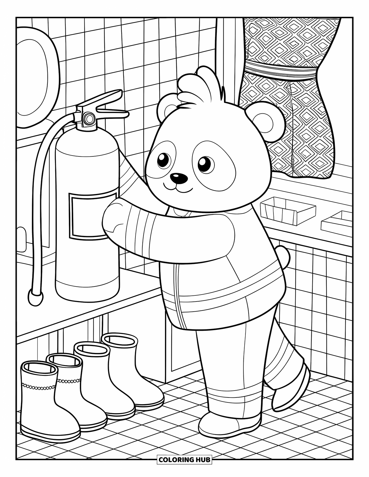 Fire Safety Coloring Page for Adults: A panda firefighter carefully stores a fire extinguisher in a compact fire station