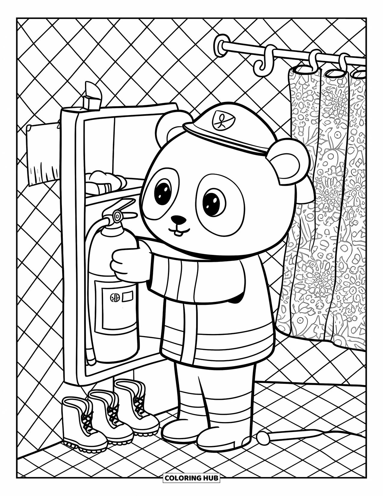 Fire Safety Coloring Page for Adults: A panda firefighter tidies boots and helmets in a cozy fire station