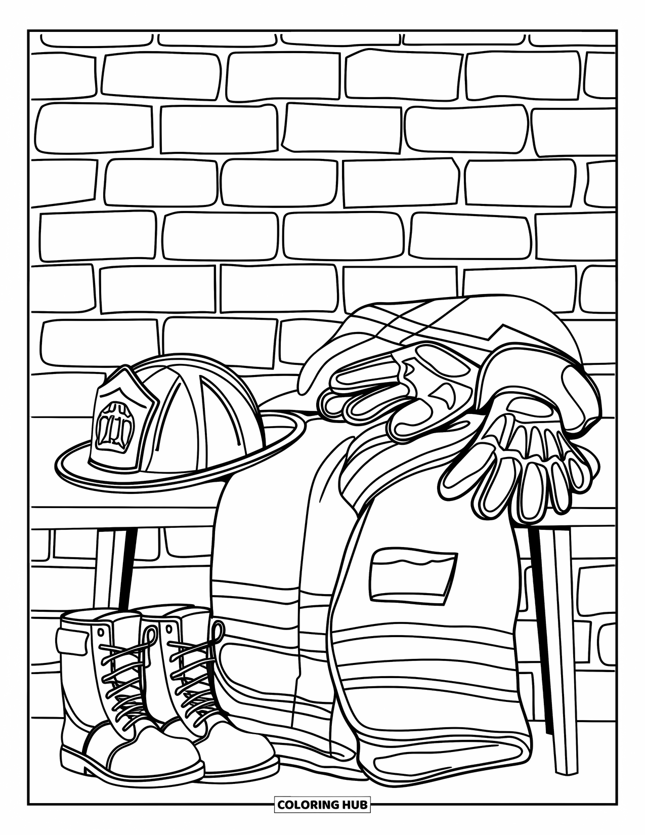 Fire Safety Coloring Page for Adults: Firefighter gear neatly set on a bench in front of a brick wall