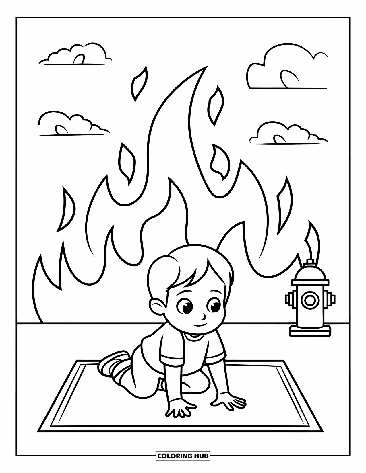 Fire Safety Coloring Page for Kids: A child rolls on a mat practicing fire safety near smoke and flames